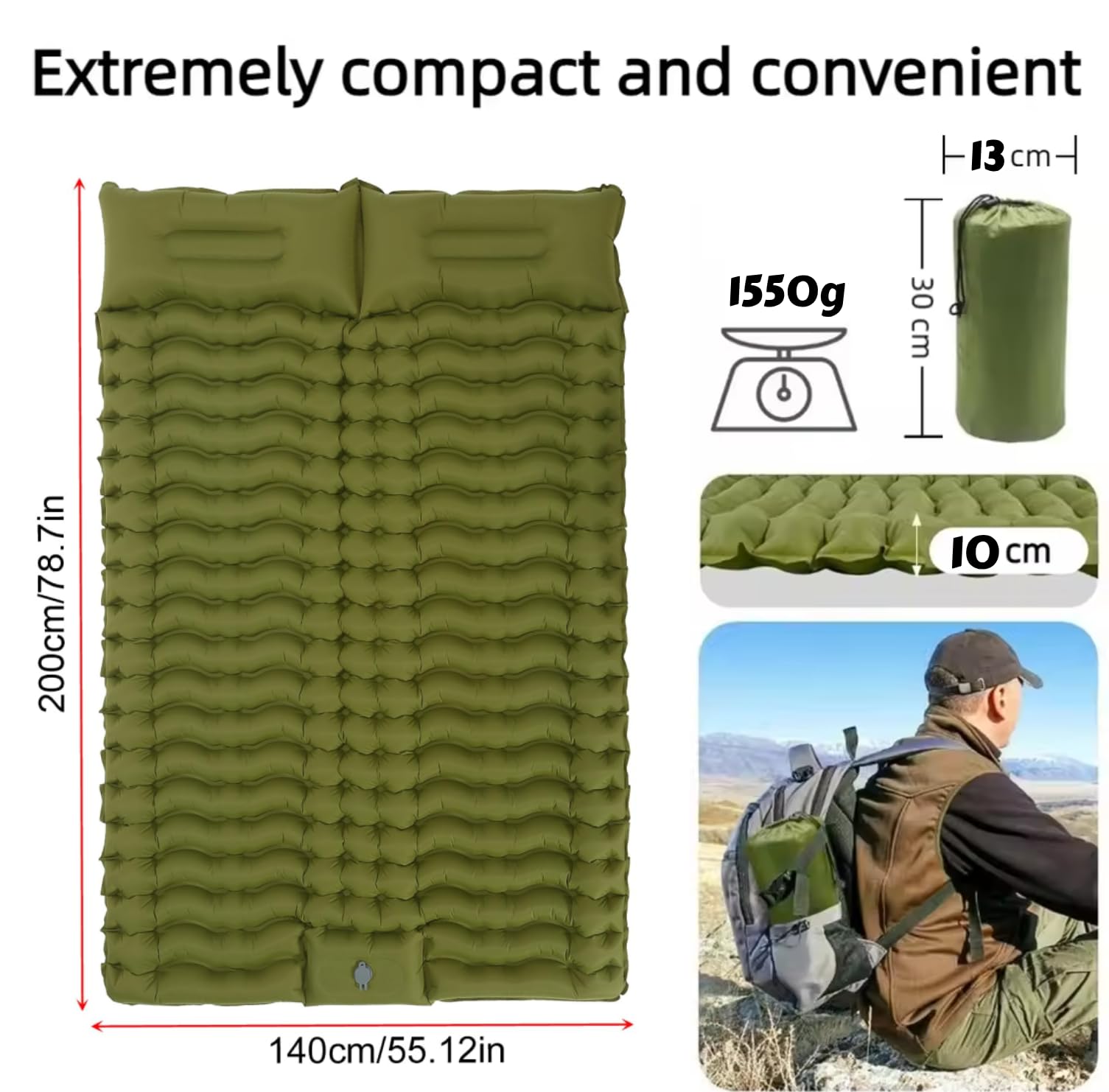 Camping-Isomatte, 10,2 cm dick, für 2 Personen, 3D-Wellpappe, feuchtigkeitsbeständige Unterlage, aufblasbare Isomatte zum Wandern, Reisen, Zelten