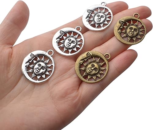 Miniatura 7 de 50 dijes de sol celestial, aleación tibetana, luna, sol, sonrisa, suministros de manualidades para manualidades, collares, pulseras, accesorios de