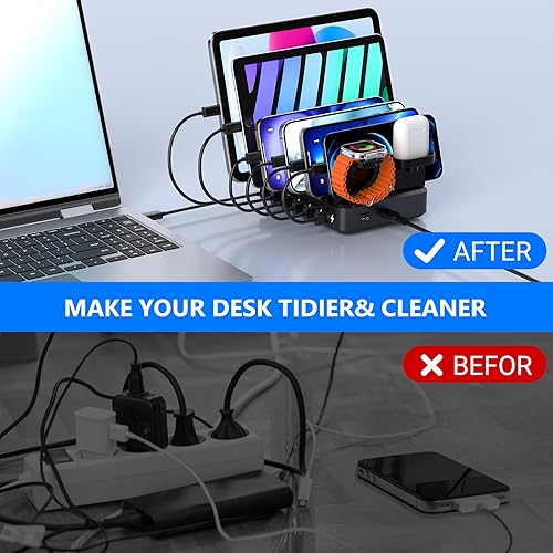 Miniatura 5 de Estación de carga para múltiples dispositivos, estación de carga USB de 68 W con 6 puertos con carga rápida PD USB-C de 20 W, 8 cables compatibles