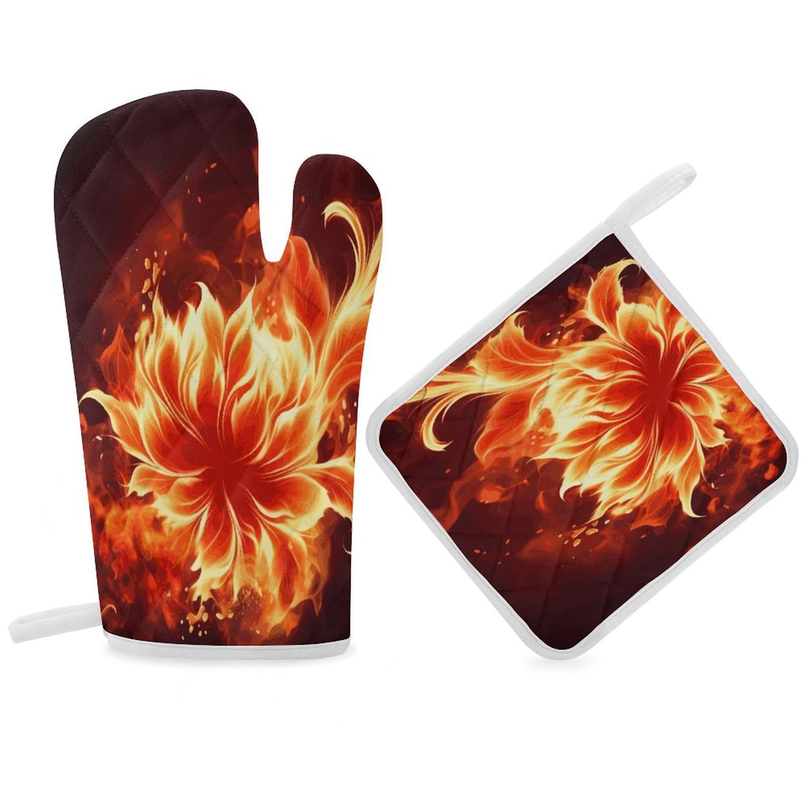 Fodpand Women's Style Flaming Fire Flowers Oven Mitts And Pot Holders Sets,Oven Gloves For Kitchen Oven Mitts And Potholders For Baking Cooking Grilling Apartment Essentials