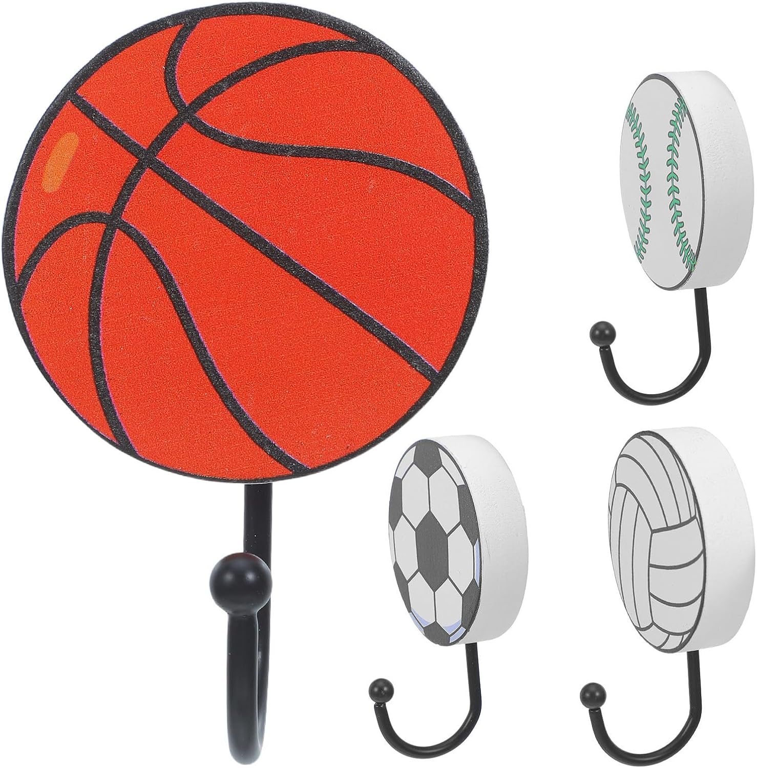 SHOWERORO 4pcs Sports Themed Wooden Wall Hooks with Curved Sport Ball Design for Boys Bedroom and Entryway, Secure Iron Installation, Vertical Shape Storage Hooks for Soccer Basketball