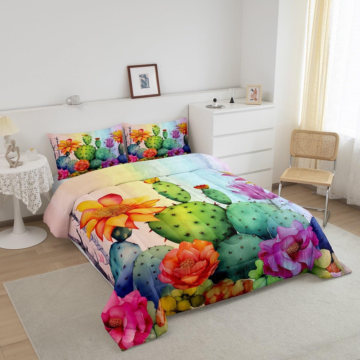 Cactus Duvet Set, Watercolor Tropical Desert Plant Comforter Set Queen, Tie Dye Bedding Set For Bedroom Living Room Decor Set Red Floral Comforter Set Rainbow Iridescent Duvet Set Colorful