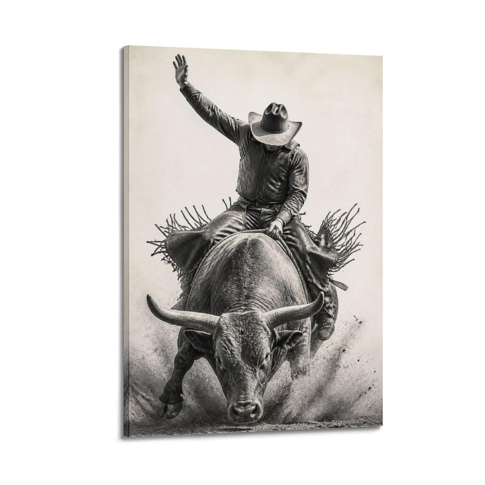 OKAHYS Impression sur toile haut de gamme - Impression sur toile - Motif rodéo Bull Rider - Action rapprochée - Style western moderne - Décoration murale idéale pour famille, cave, salle de jeux