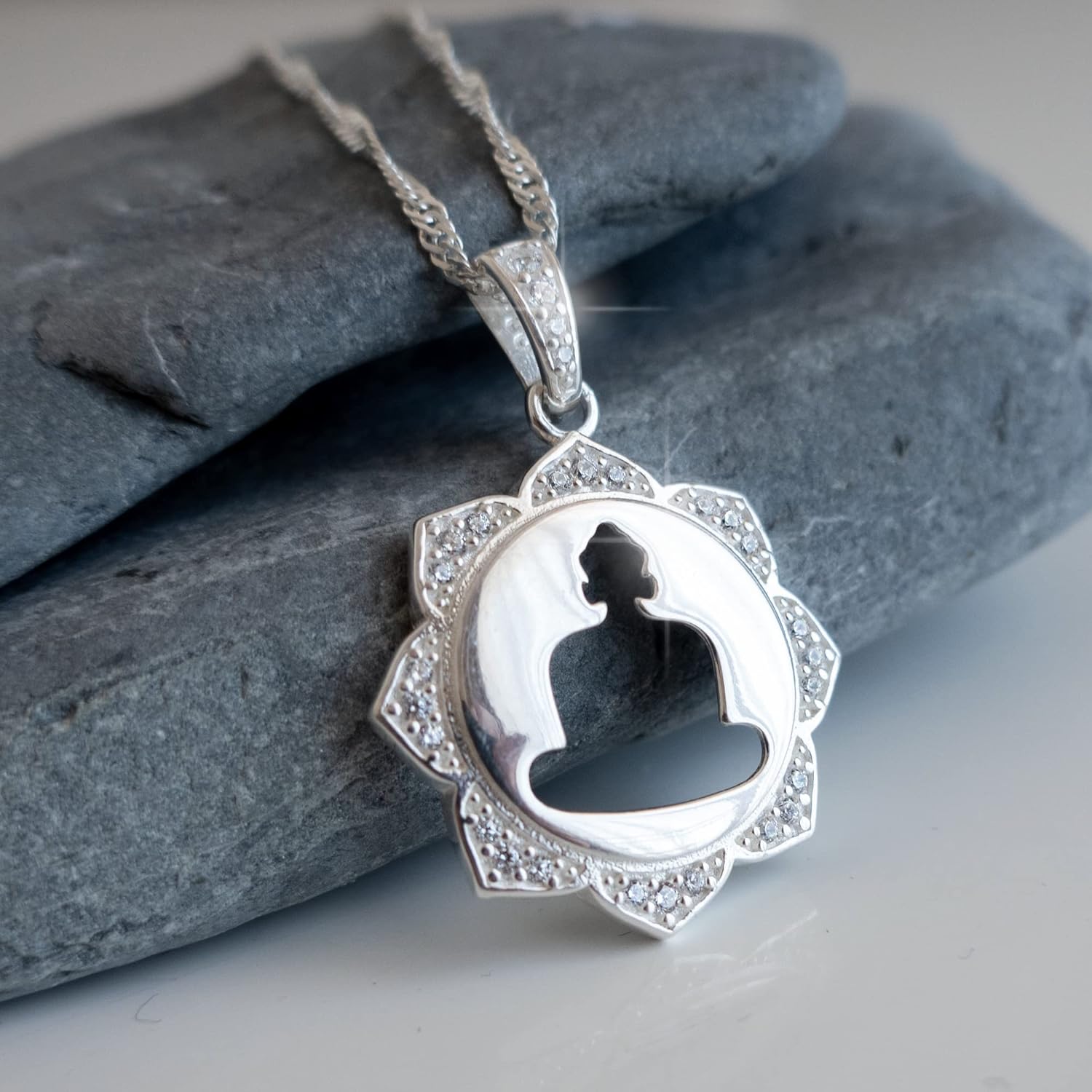 925 Sterling Silver Buddha Necklace - Meditation Buddhist Pendant with Chain 20" White Crystals Cubic Zirconia CZ - Spiritual Yoga Jewelry for Women - Handmade