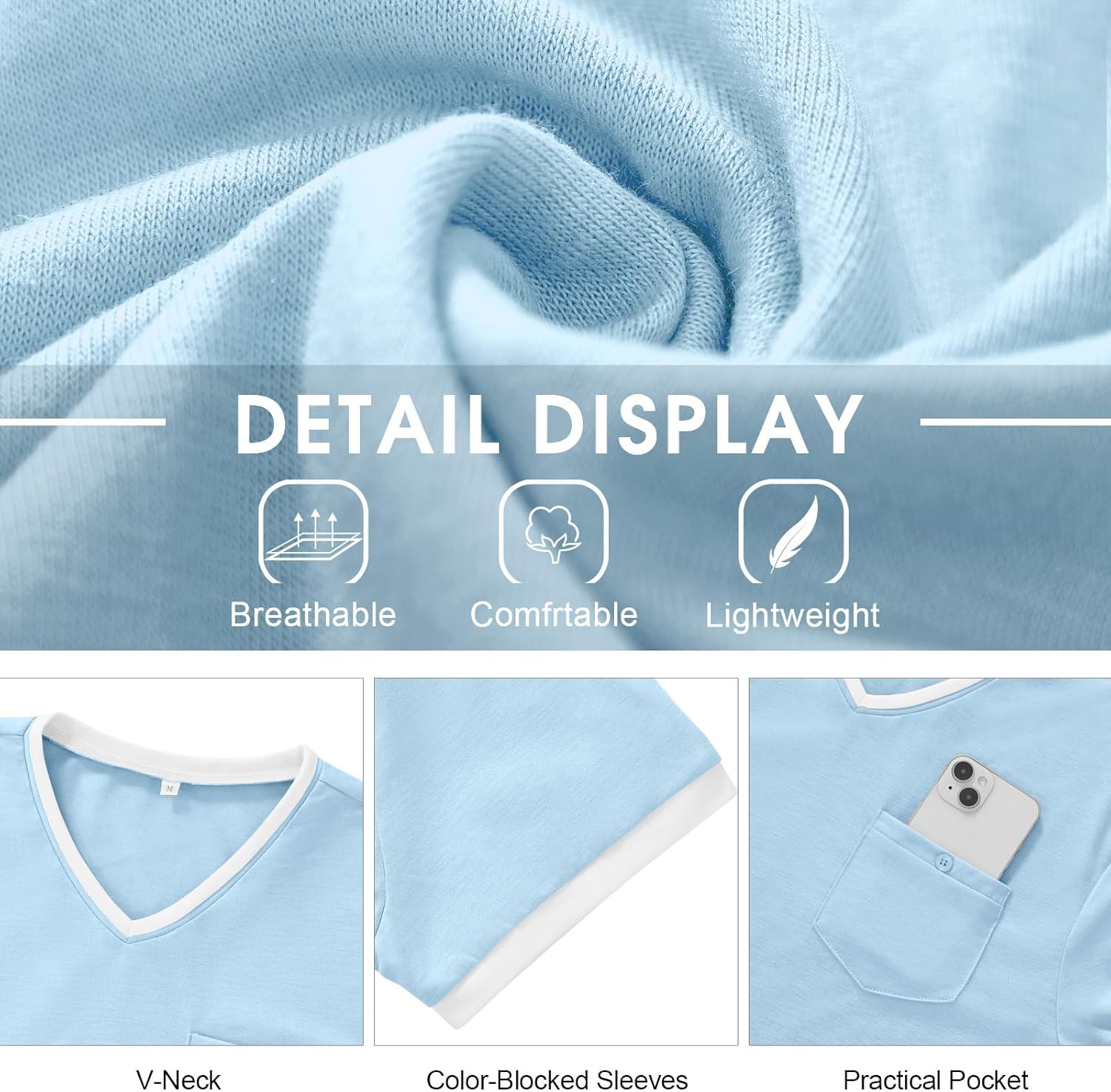 Angbater Men’s Muscle V Neck Shirts Short Sleeve Casual Slim Basic Tee Shirts Summer Lightweight T Shirts with Pocket - Image 6