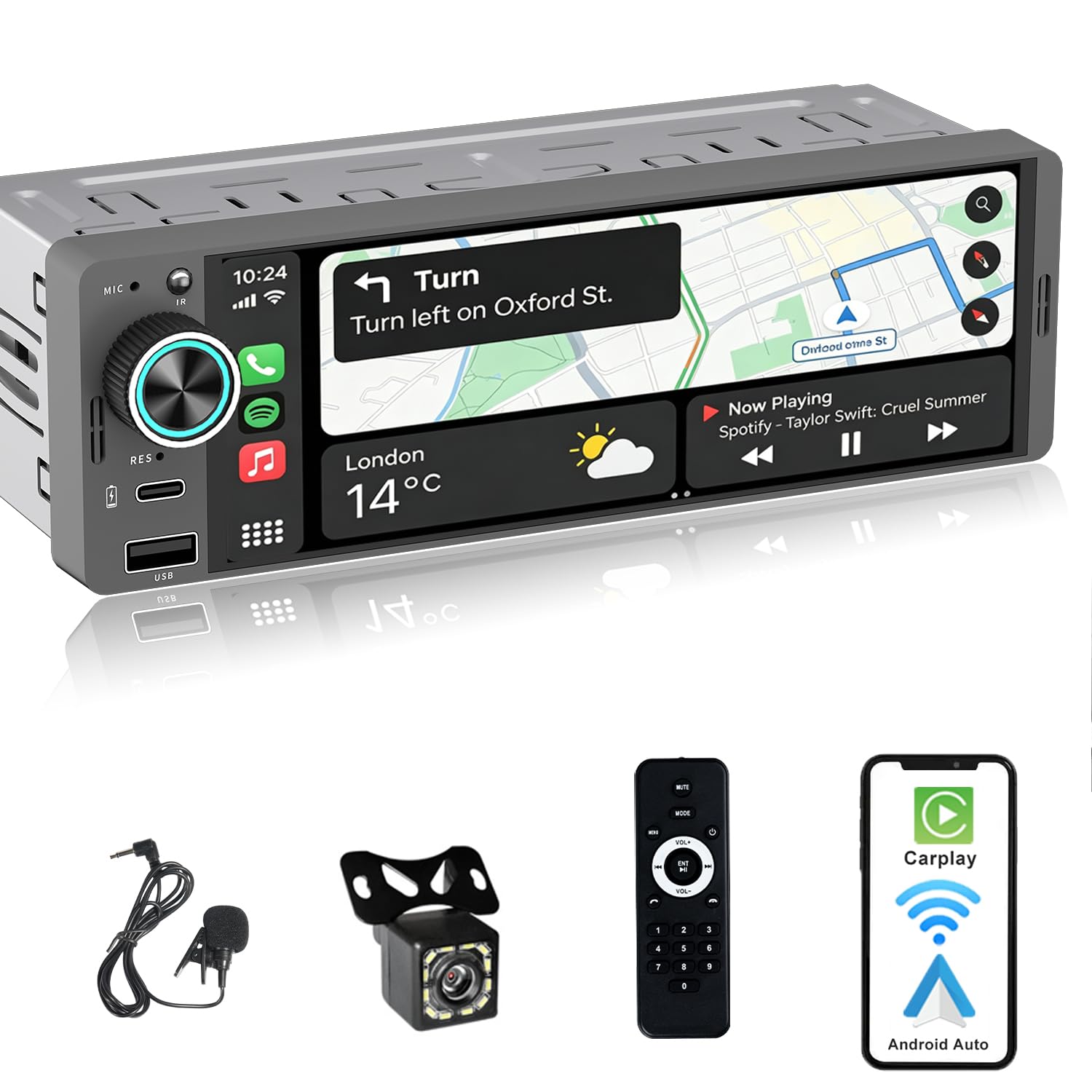 Autoradio 1 DIN avec écran Tactile (6,3") Compatible avec Apple CarPlay [Wireless] / Android Auto Bluetooth Type-C USB (Charge Rapide 3A) AM/FM RDS Radio Caméra de recul