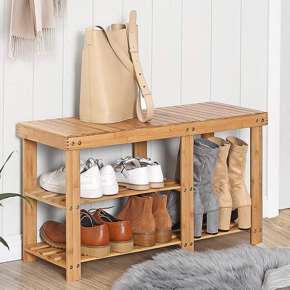 Bamboo Shoe Rack Bench, 3-Tier Entryway Storage Organizer with Seat, Shelf for Boots,Shoe Bench Hallway Bathroom Living Room Corridor Kitchen Garden