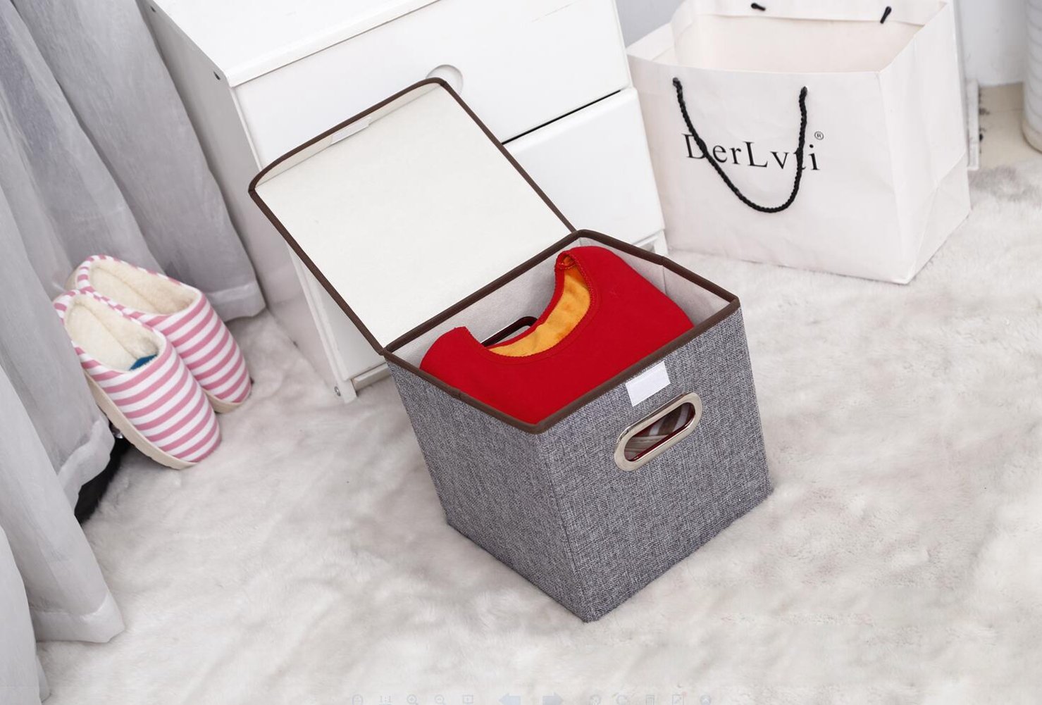 Linen Fabric Foldable Storage Cubes Bin Box Containers with Lid Drawers (3 Packs of S(9.8 x 9.6 x 9.6 inches), Grey)