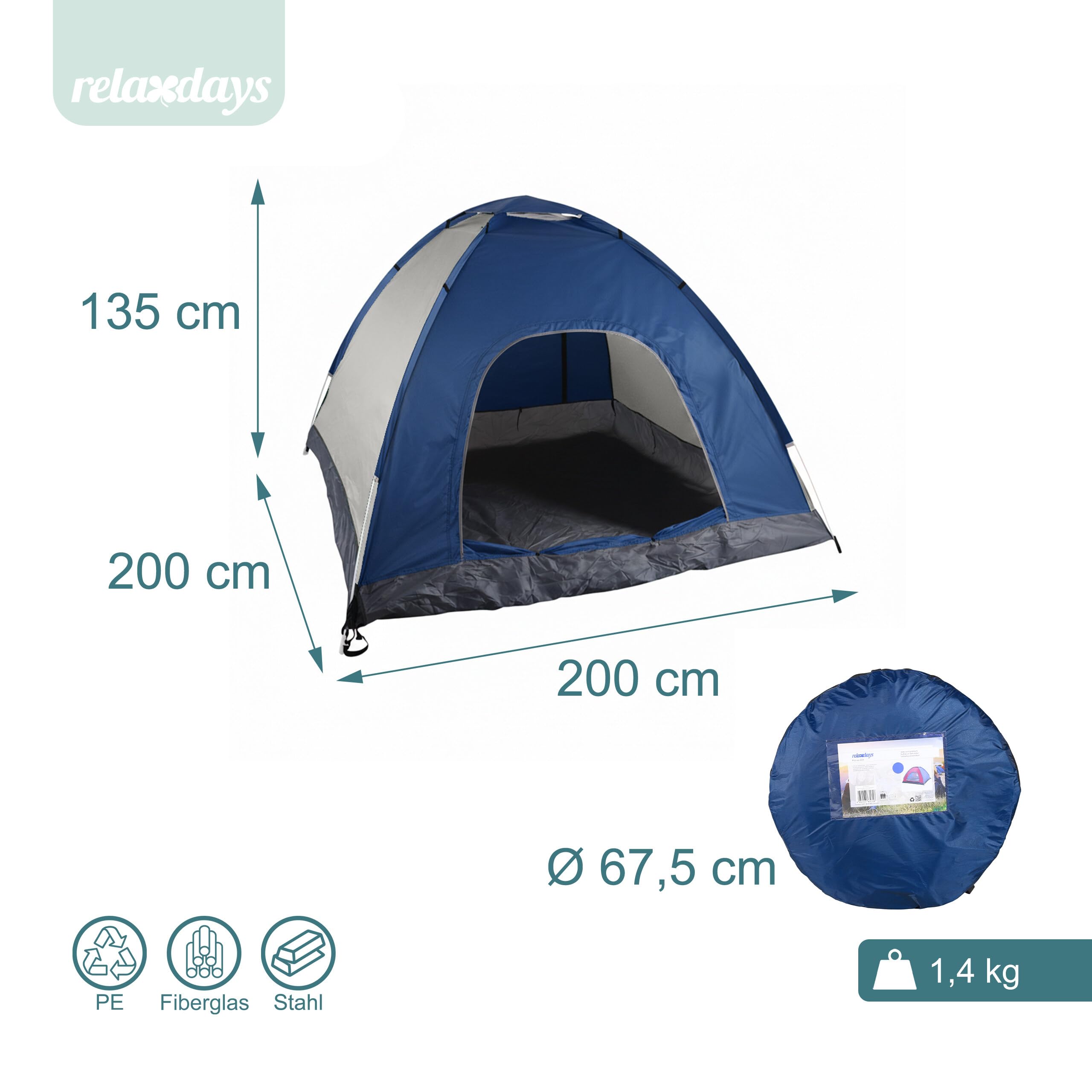 Relaxdays Pop Up Zelt Strand, Wurfzelt, 2-3 Personen, kleines Packma , UV Schutz 50+, HxBxT: 135 x 200 x 200 cm, blau, Einheitsgrosse, 10023316_473