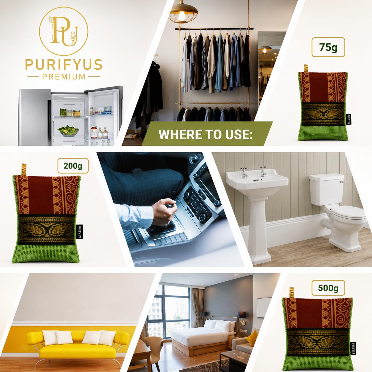 Purifyus Premium Bamboo Charcoal Air Purifier Bag | Removes Odor, Smoke & Humidity | Reusable Non Electric Air Freshener for Home & Car 500 Gram 3