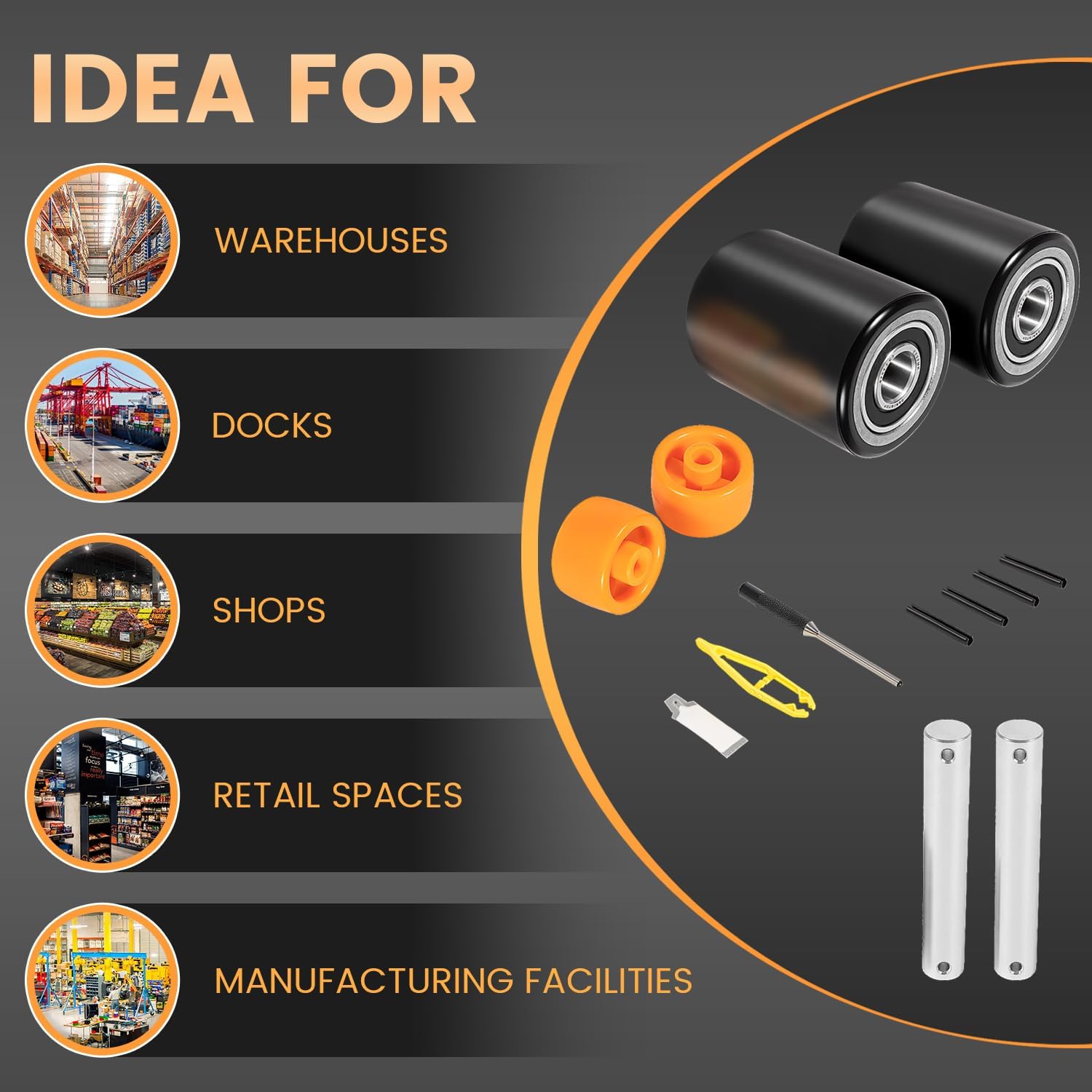 PTH50 Pallet Jack Front Load Wheel Replacement Kit Set Complete Fit for Crown PTH50 Pallet Jacks and Most Standard Pallet Jacks