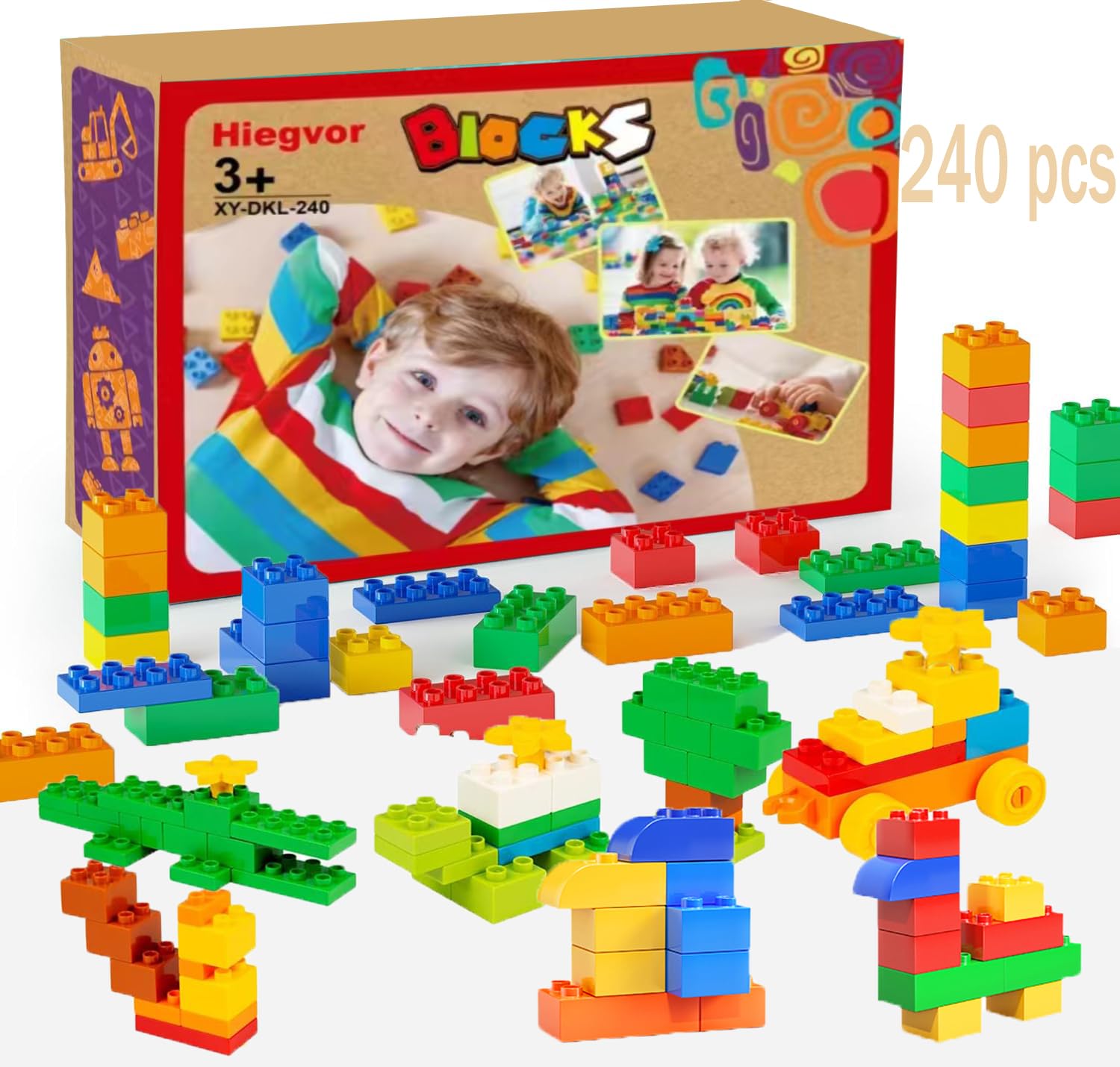 240 Piezas Juego clásico de Bloques de construcción Grandes,Grandes bloques de construcción compatibles con bloques de construcción Duplo,de Ladrillos de construcción regalo para niños y niñas 6+