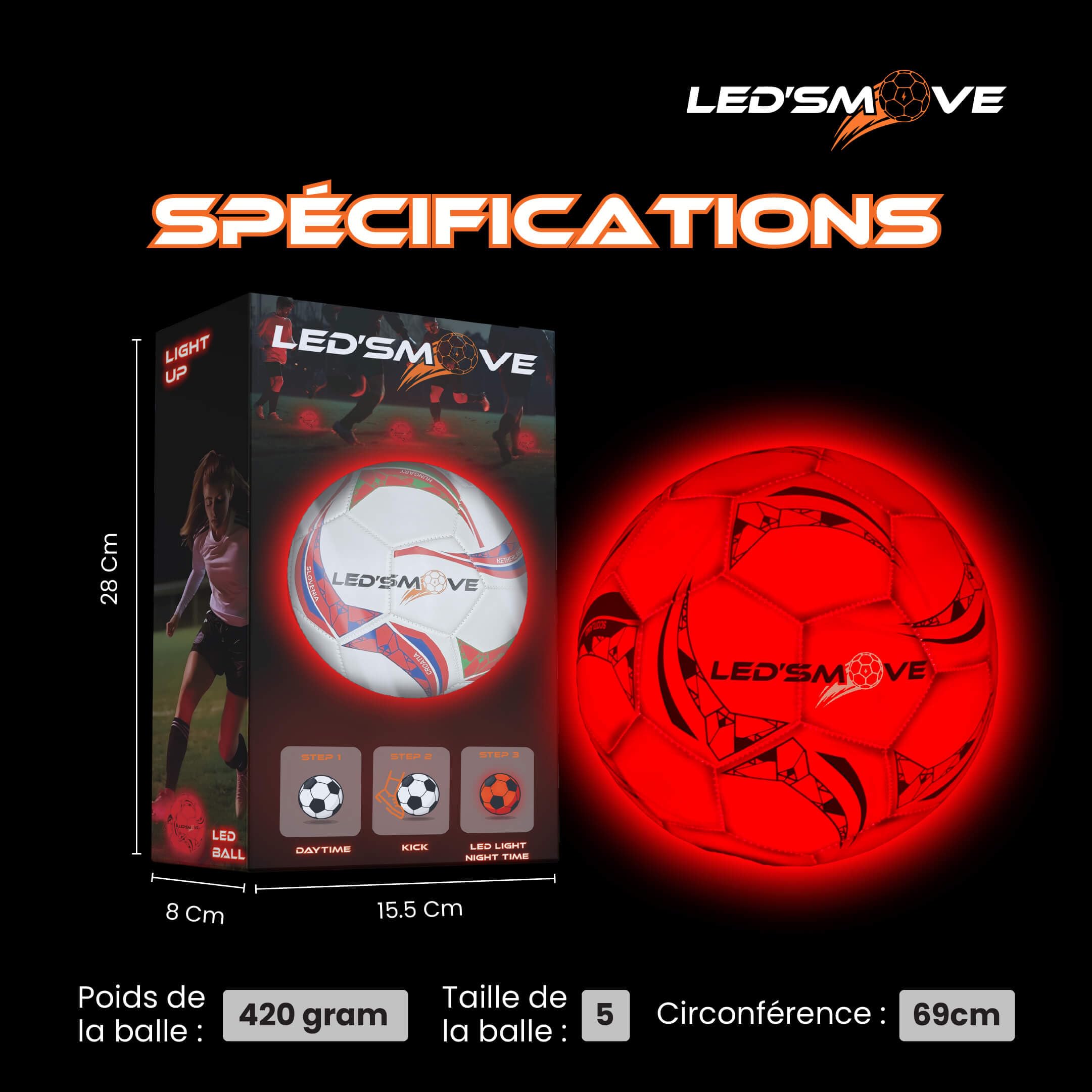 LED'S MOVE LS1 Ballon Lumineux LED Football Taille 5, Ballon de Foot Lumineux Rechargeable USB-C, Ballon Football Enfant pour Jardin Parc Camping, Cadeau Original Ans Garçon Fille Jouet Extérieur