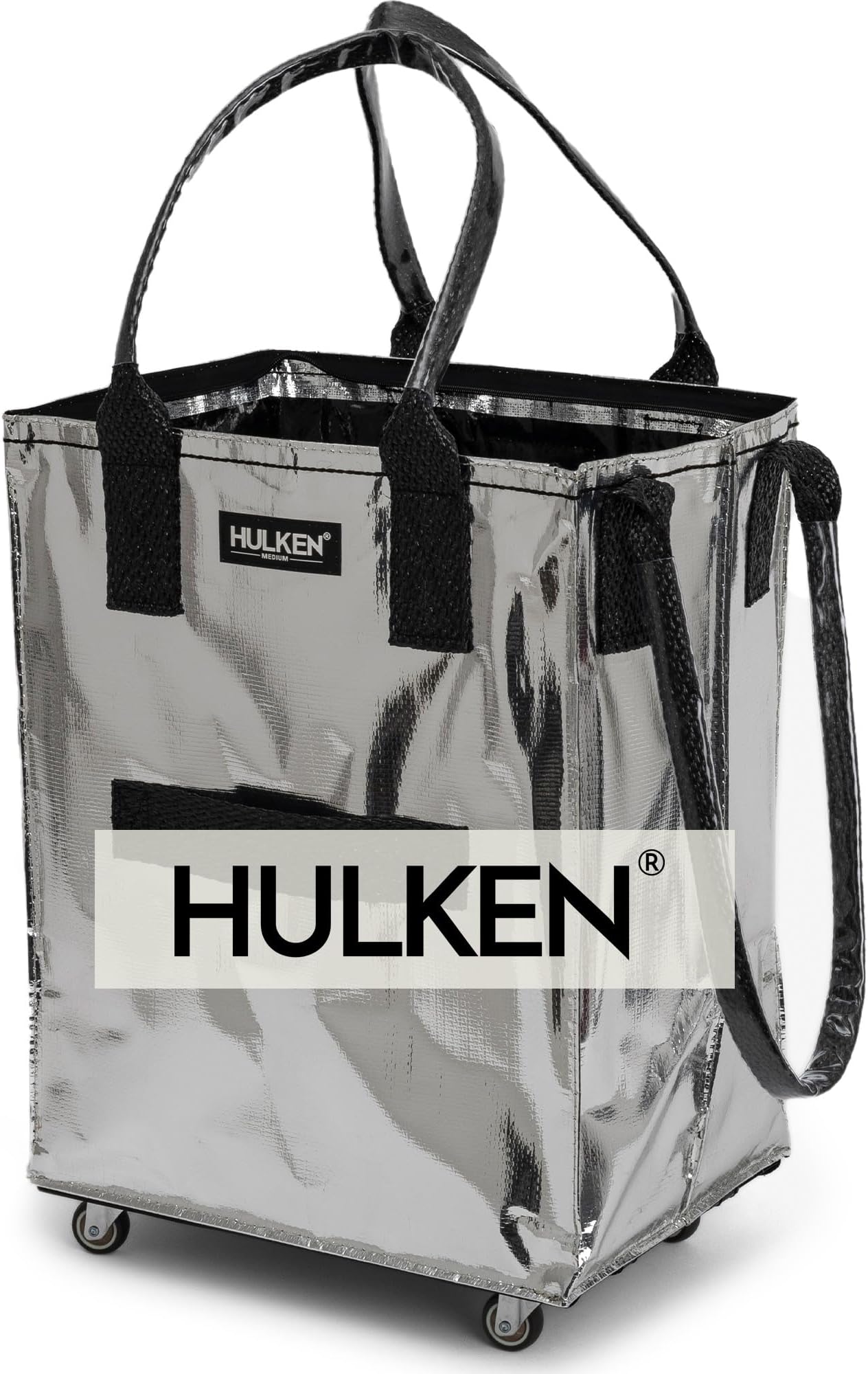 HULKEN (Medium, Silver) Reusable Grocery Bag On Wheels, Shopping Trolley, Rolling Tote, Zipper Closure, Lightweight, Carries Up to 66 lb, Folds Flat, Unbreakable Handles