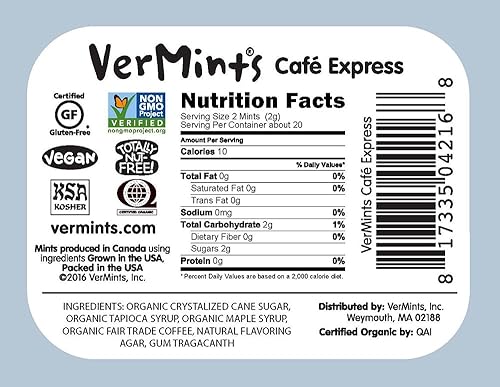 Vista 26 de Mentas orgánicas de VerMints, sabor a menta, todo natural, sin OMG, sin nueces, sin gluten, vegano, KSA Kosher, paquete de 6, latas de 1.41 onzas