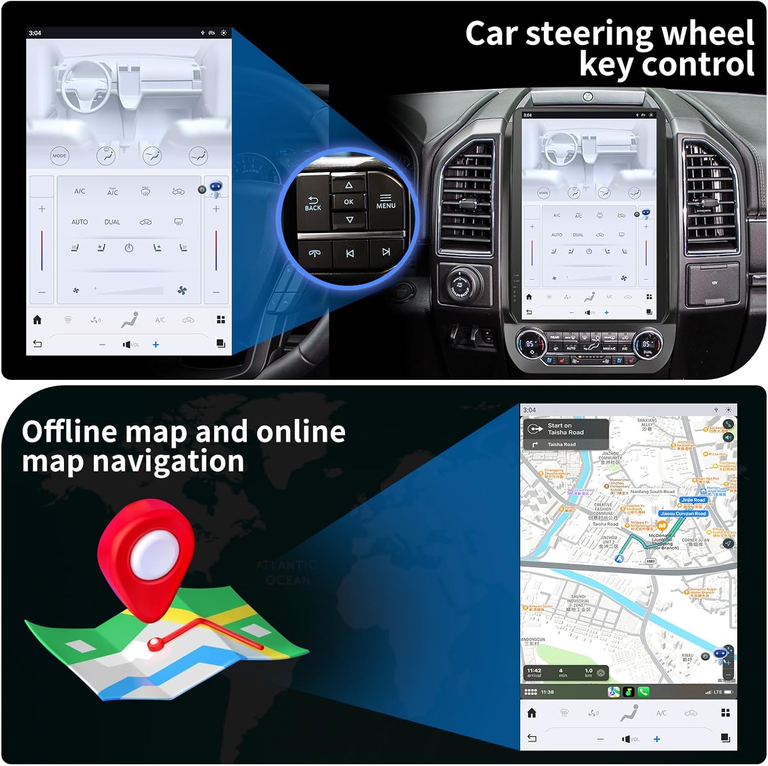 KiriNavi head unit displaying navigation map and steering wheel controls