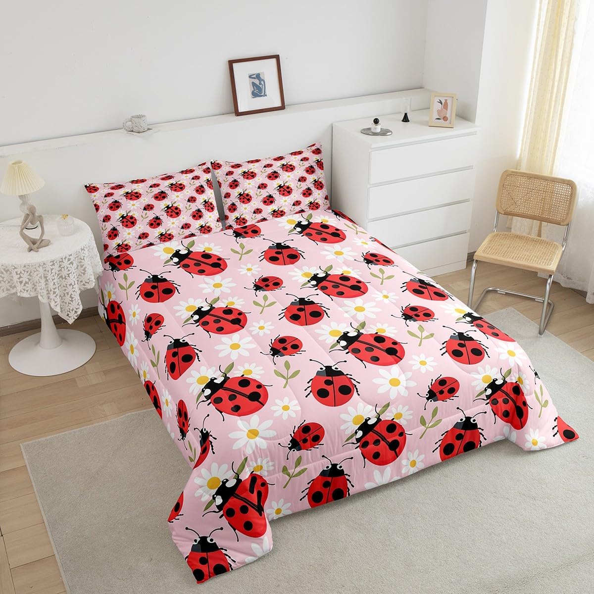 Castle Fairy Cute Ladybug Comforter Set Toddler Size Cartoon Dasiy Flower Bedding Set Kids Boys Girls Wild Animal Theme All Season Quilt Set Green Botanical Leaves Bedding Comforter Sets,2Pcs