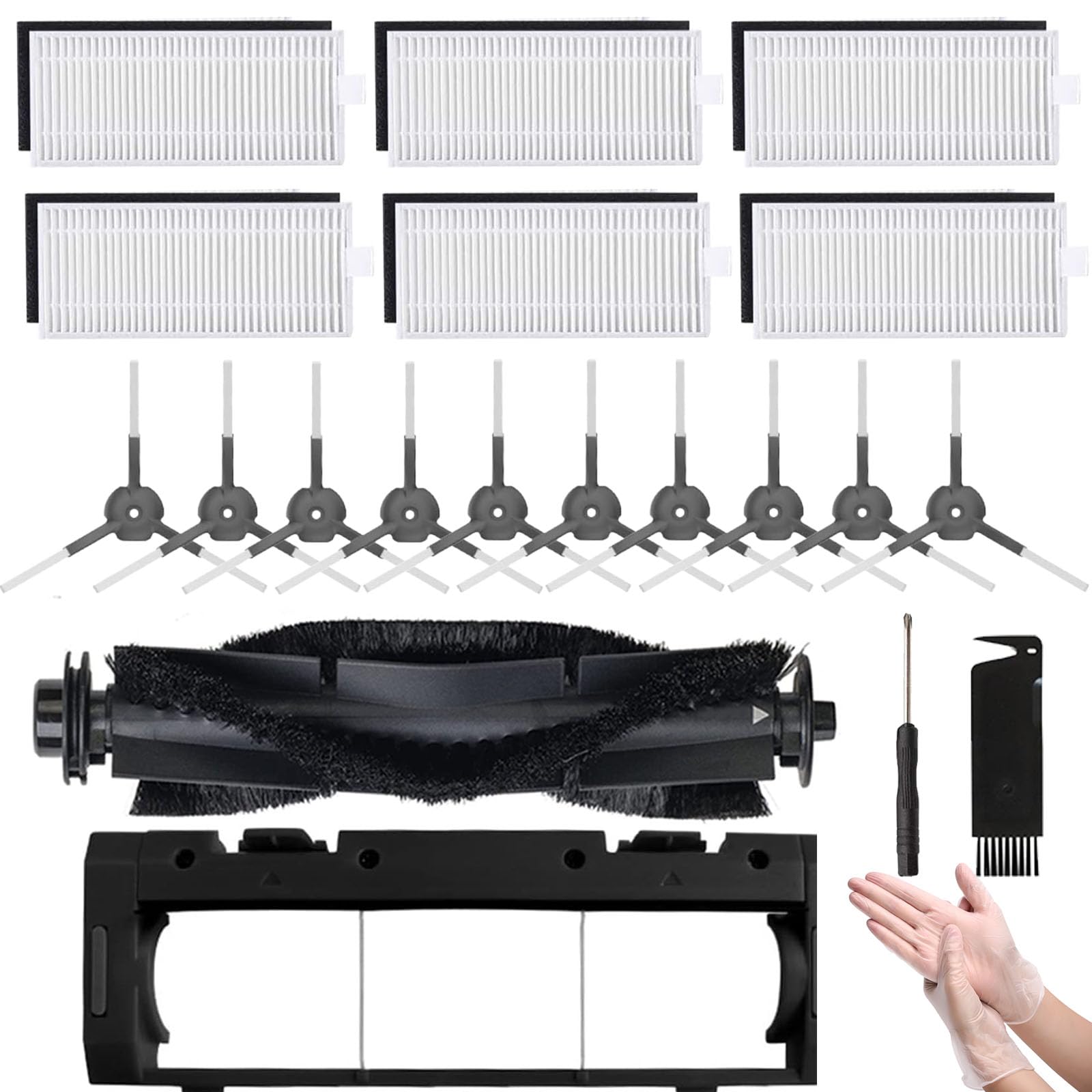 New JJ Neumann Replacement Parts Accessories Compatible with XIEBro HR1010 Robot Vacuum and Mop Combo Filters (6 Pairs), Side Brushes (10Pcs), 1 Roller Brush, 1 Brush Guard