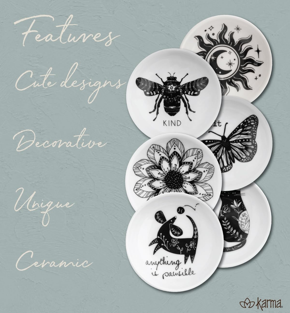 Karma, Boho Ring Bowl, Black and White Trinket Tray, Decorative Ceramic Trinket Dish, Jewelry Dish Tray for Rings, Celestial - Image 4