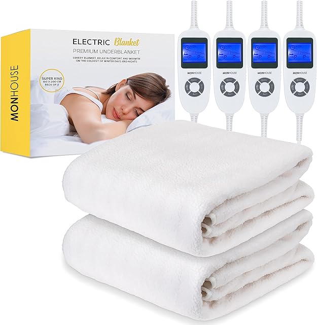 MONHOUSE Premium Soft Fleece Electric Blanket - Heated Under Blanket - King 180x200cm - Fitted Heated Mattress Cover - Detachable & Machine Washable - Dual Controller Multi Zones, 9 Heat Settings