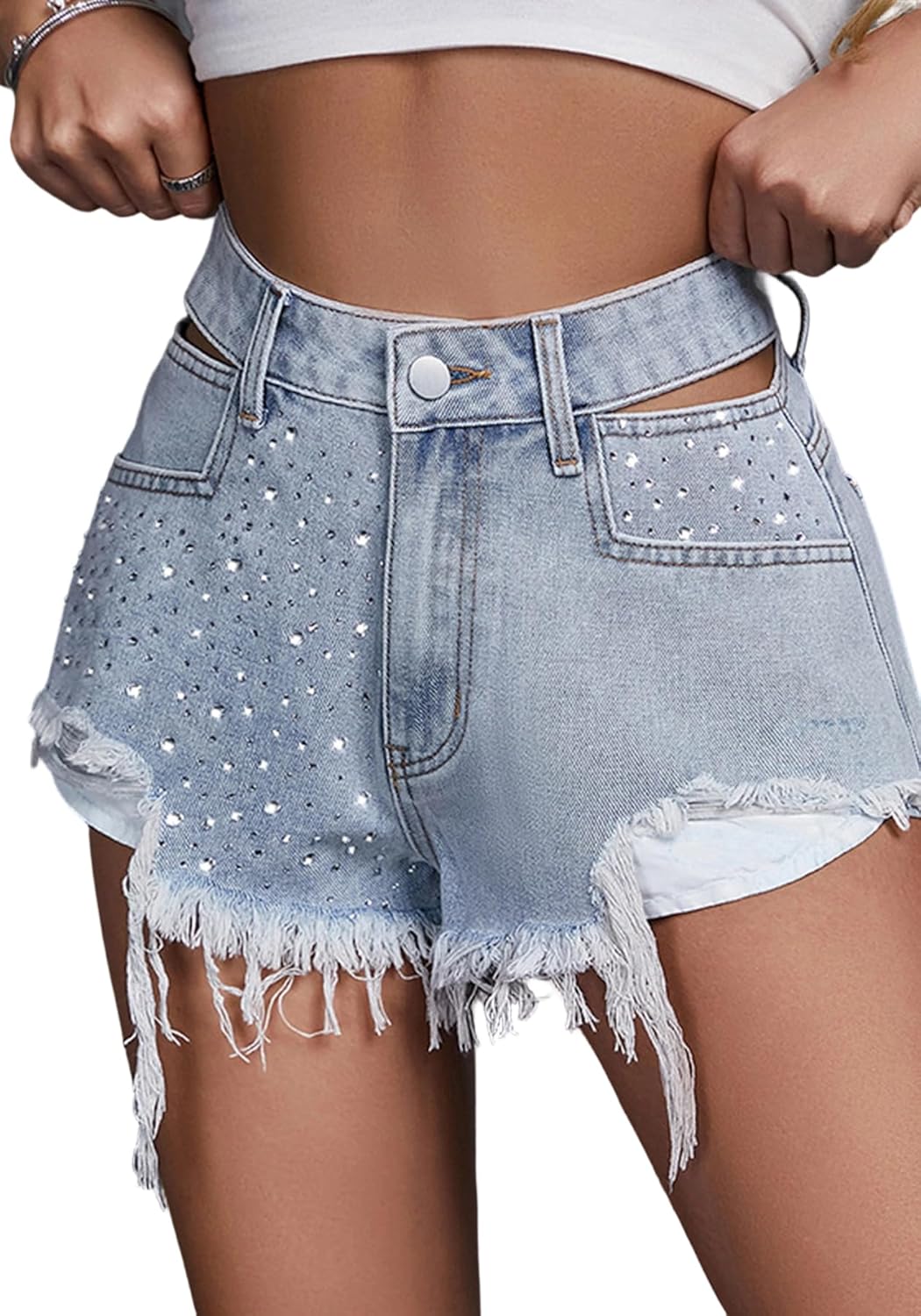 Tbahhir Women's Distressed Denim Shorts Rhinestone Sparkly High Wasited Short Jean Ripped Frayed Hem Hot Pants Summer