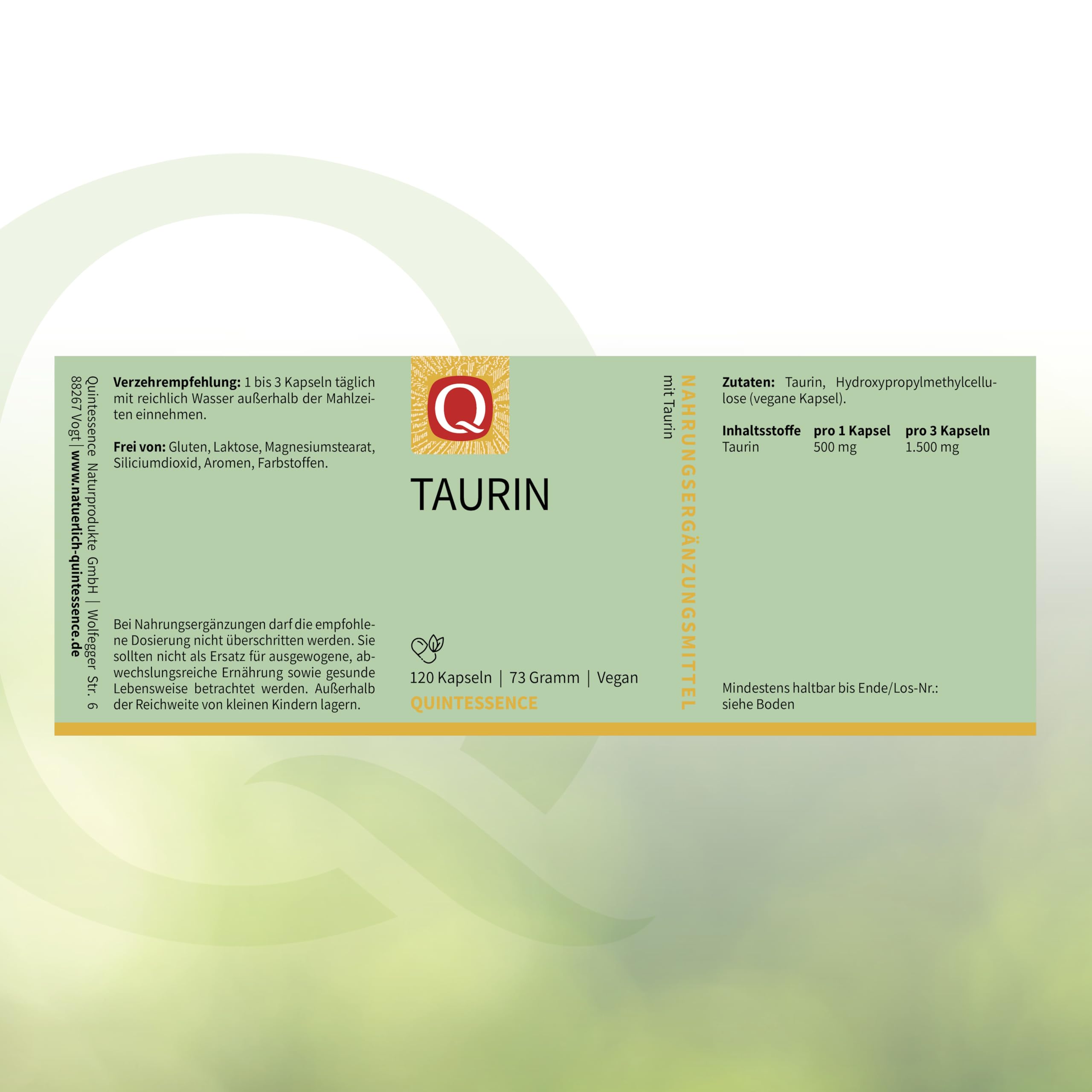 Quintessence Taurin Kapseln 500 mg je Kapsel, 120 Stk. - Vegan, 100% rein ohne Fließ- und Trennmittel, Hervorragende Qualität und Bioverfügbarkeit, Produziert in Österreich