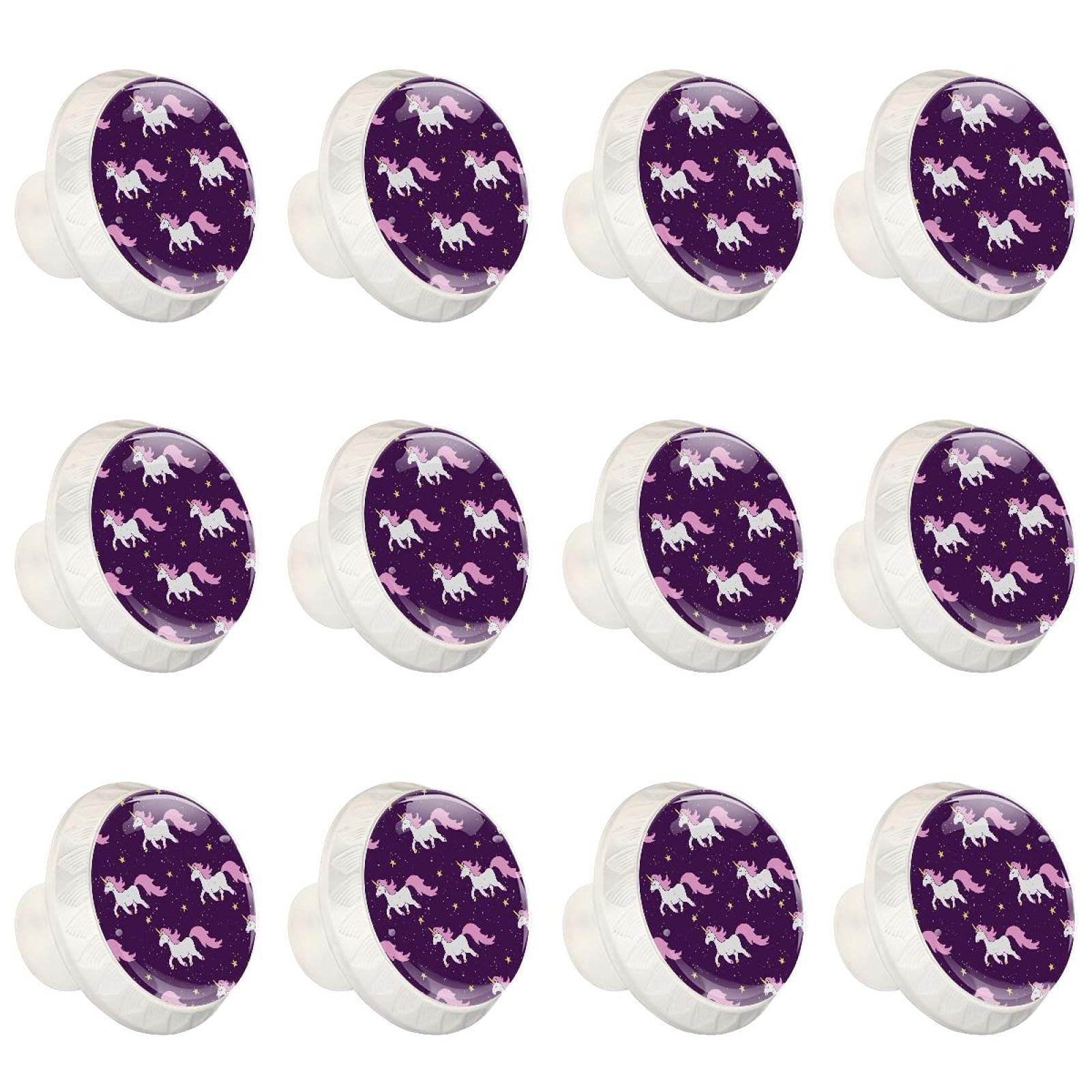 Boutons d'armoires de cuisine ronds poignée de tiroir licorne jaune violet x12