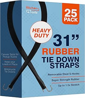 Rubber Bungee Cords with Hooks -31 Inch 25 Pack - Heavy Duty Outdoor Flatbed Tarp Straps Bungie Tie Downs - Natural Rubber