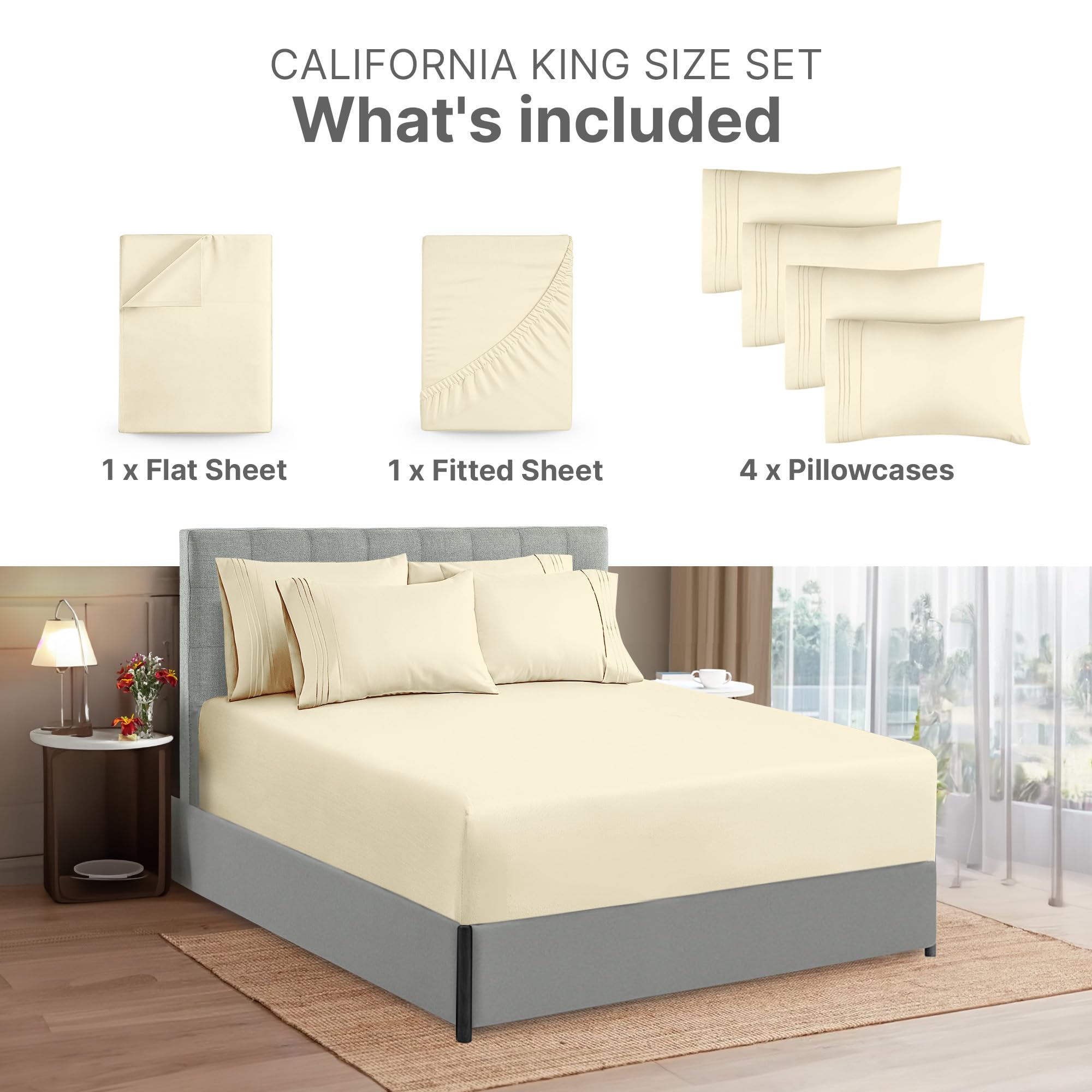 Extra Deep Cal King Sheet Set - 6 Piece Breathable & Cooling Sheets - Hotel Luxury Bed Sheets Set - Easy Fit - Soft, Wrinkle Free & Comfy Sheets Set - Off White Sheet Set w/Extra Deep Pockets