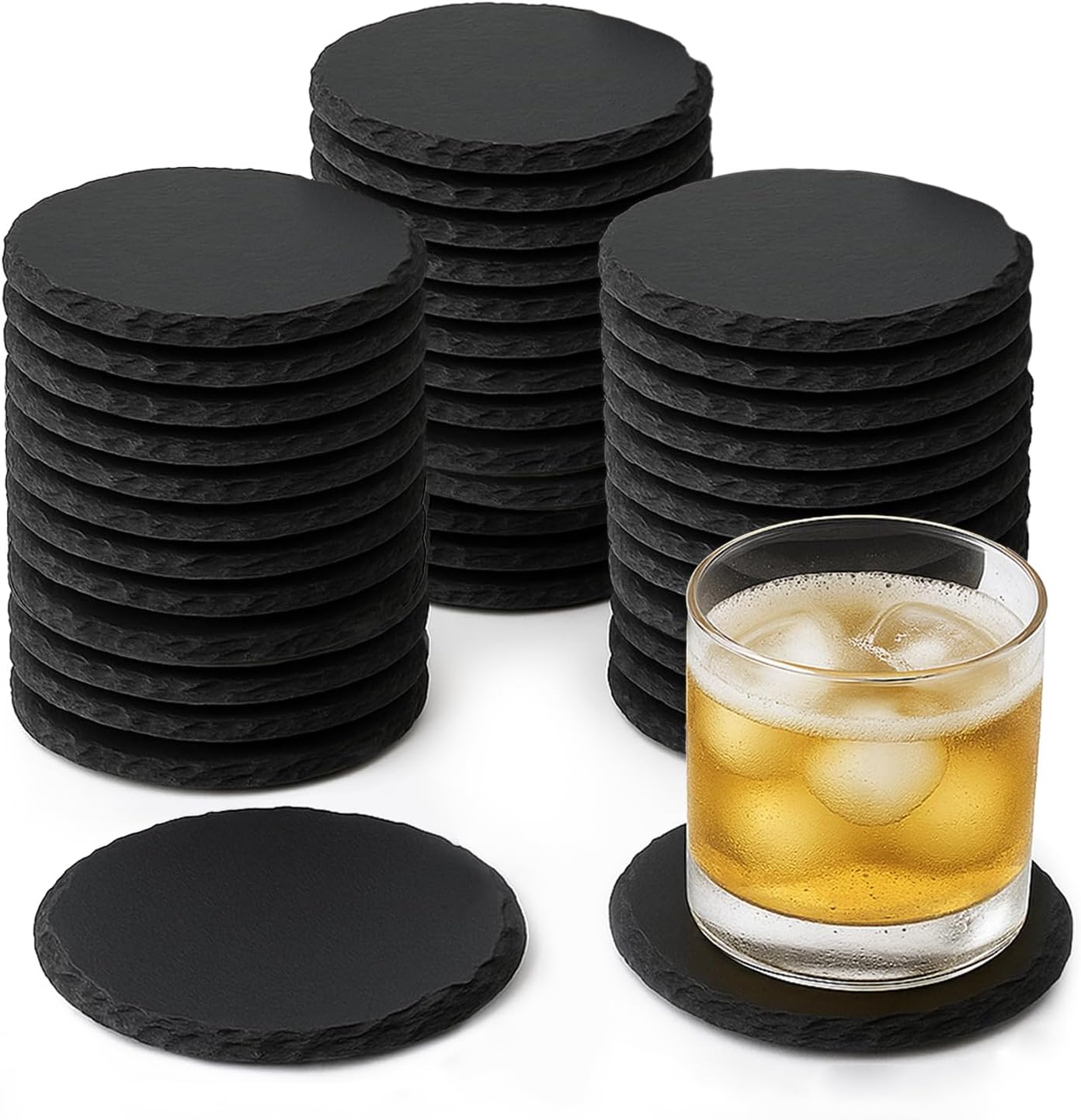 Coolsheepsia 72 PCS Round Slate Drink Coasters Set, Black Slate Stone Coasters Bulk Cup Coaster Laser Engraving Blanks with Anti-Scratch Bottom for Office Kitchen Apartment Bar Home Dinner Table Decor