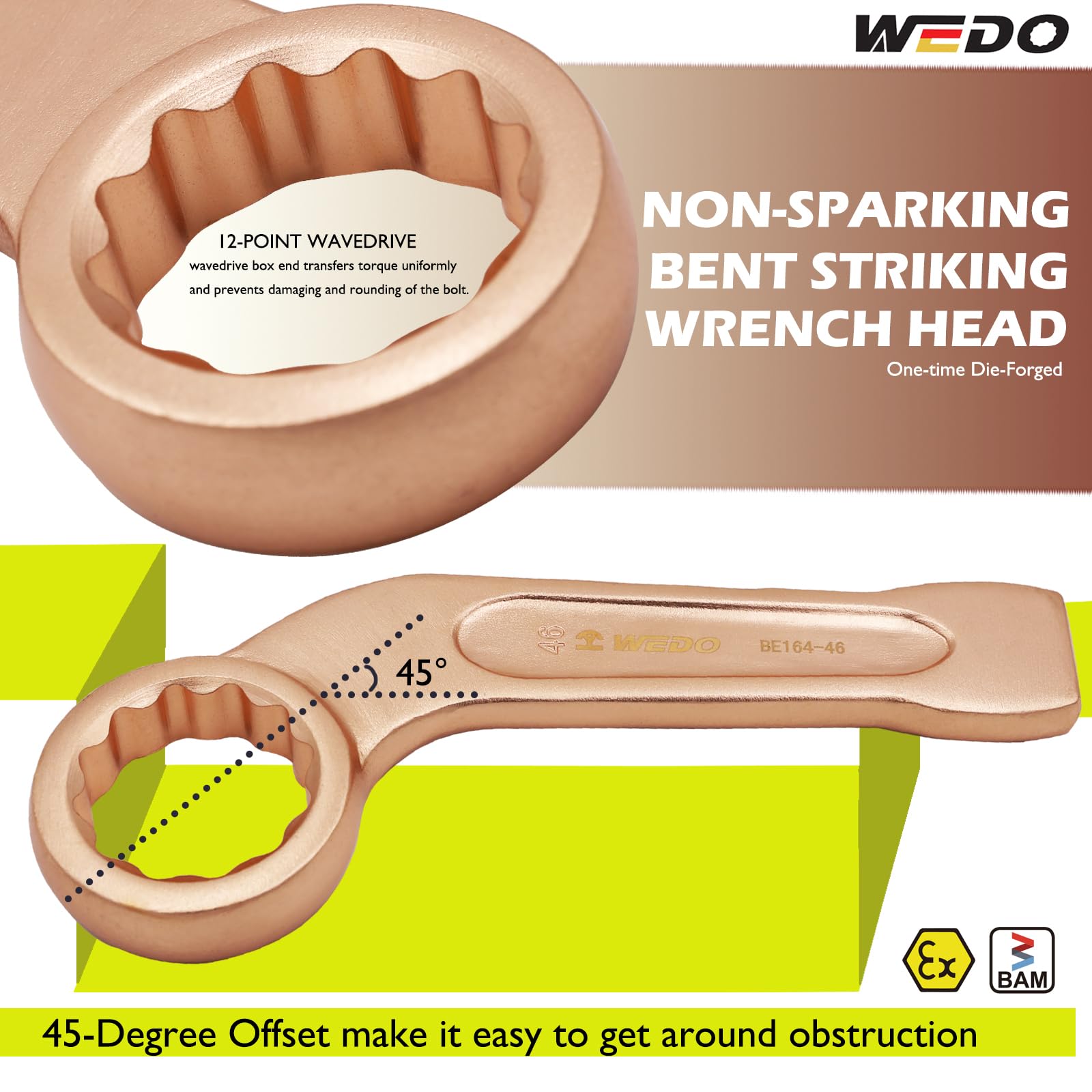 WEDO Non-Sparking Striking Box End Wrench,Size 27mm,45-Degree Bent Box Wrench,12 Point Slogging Ring Wrench,Length 175mm,Beryllium Copper,Non-magnetic,DIN Standard,BAM&FM Certificate