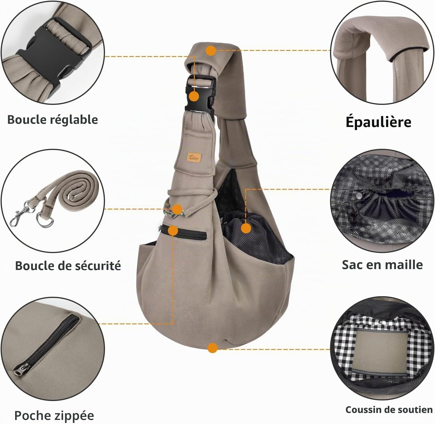 CUBY Sac de transport pour chiot, réglable et réversible pour chiens de petite et moyenne taille, mains libres, bandoulière de protection avec ceinture de sécurité, poche zippée, tapis inférieur