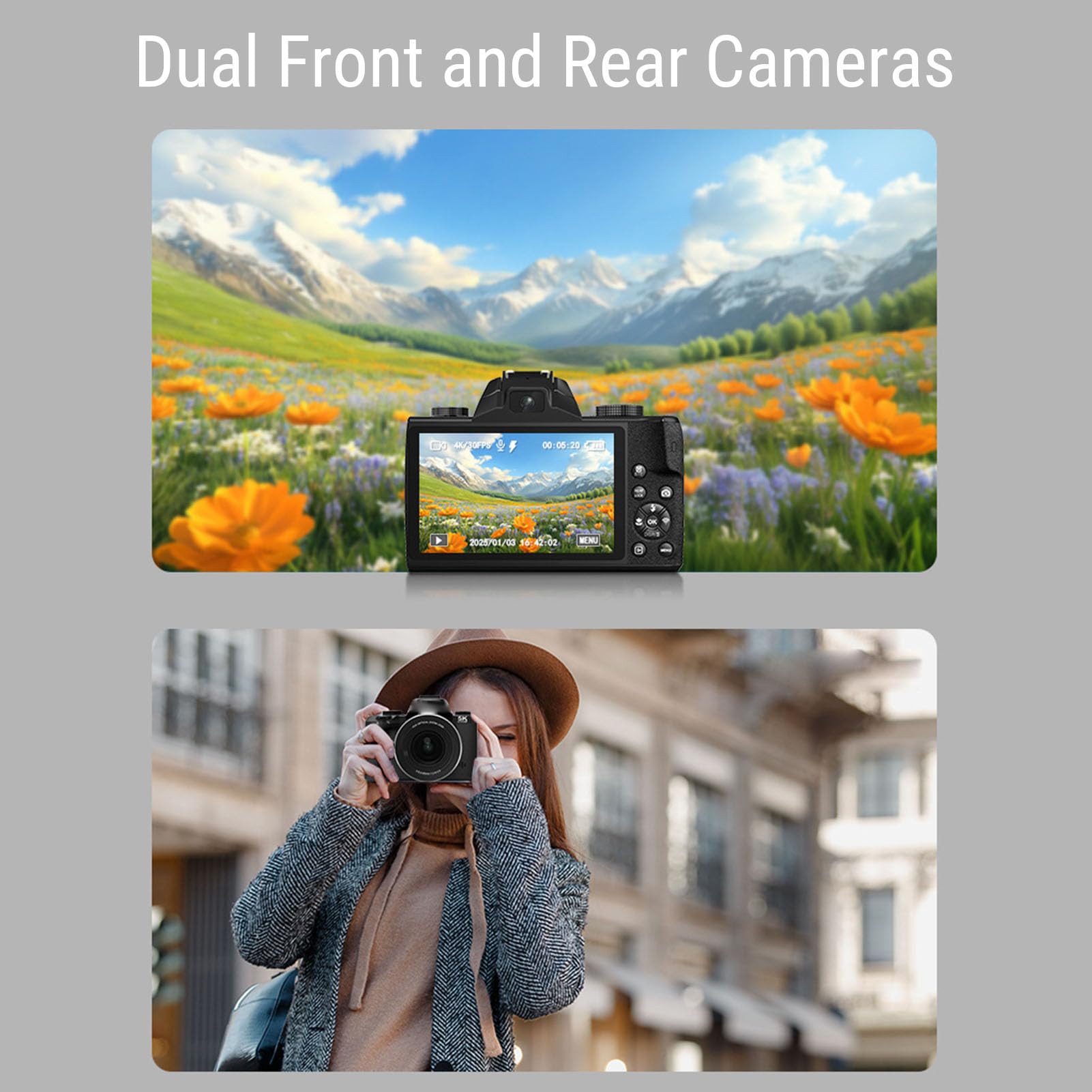 Fotocamera Digitale, Fotocamere 4K per Fotografia Video, Touch Screen WiFi da 75 MP Vlogging, Zoom Ottico Touch Screen da 4 Pollici Flash Paraluce Batteria 3000 MAh, per
