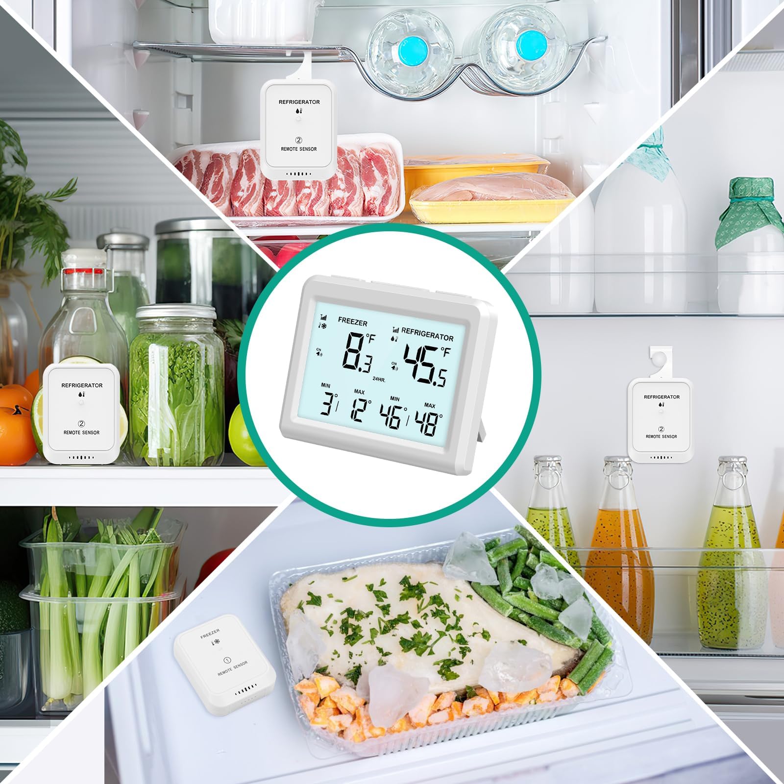 ORIA Thermomètre de Réfrigérateur et Congélateur Numérique - 2 Capteurs Sans Fil, Alarme, Écran LCD, ℃/℉, Min/Max, 2 Options de Montage pour Maison