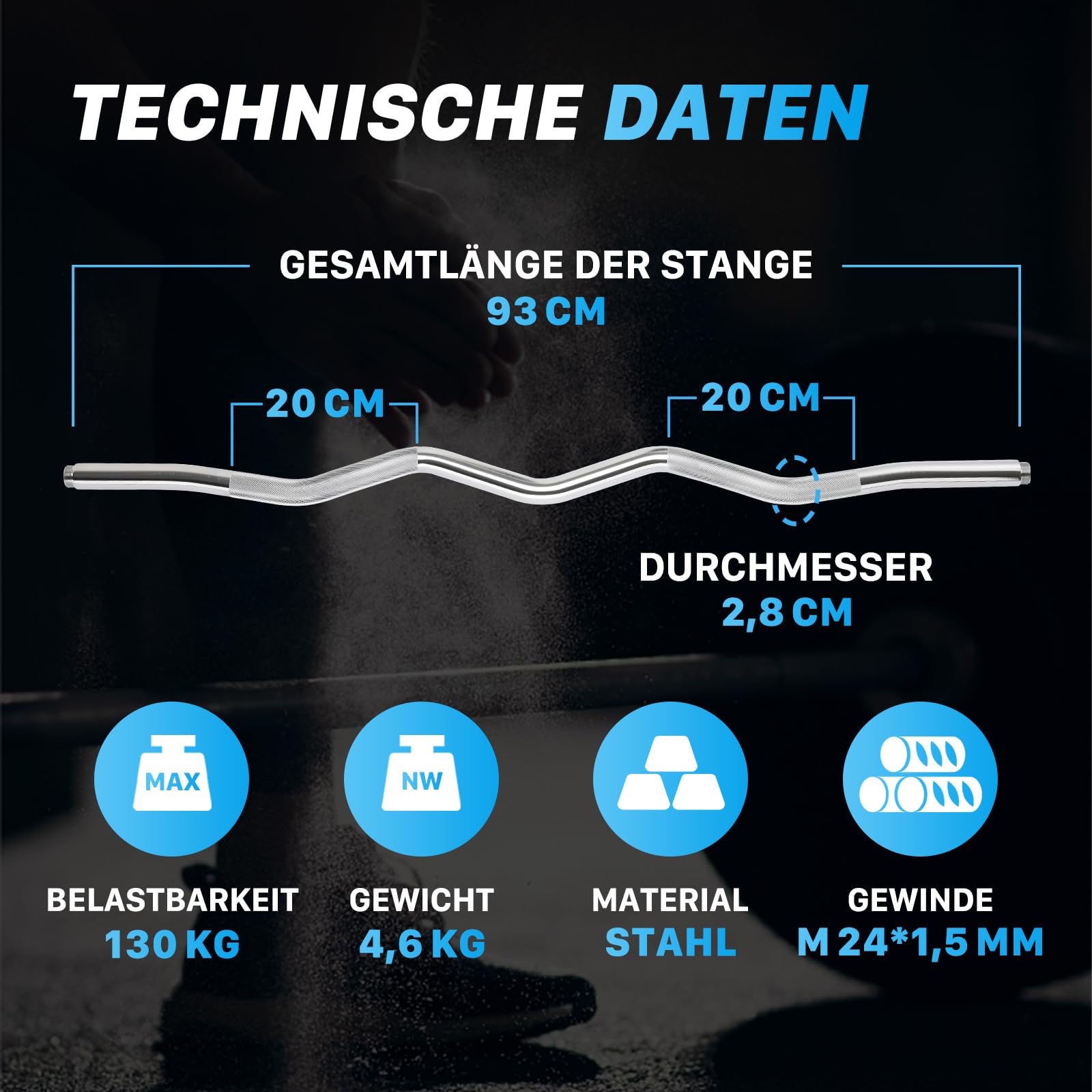 Northdeer SZ Curlstange 95cm (4,6kg) aus massivem Stahl, Ø 28mm, Stange verchromt & gerändelt, Hantel Curl Stange Hantelstange Langhantel
