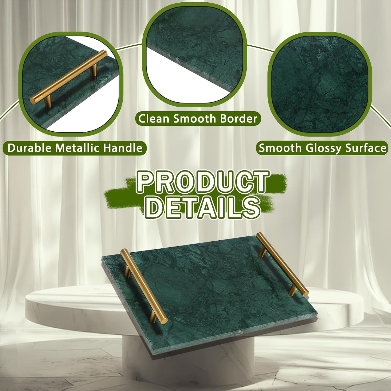 MAOPINER Marble Stone Decorative Perfume Tray with Copper Color Metal Handles, Handmade Jewellery Catchall Trinket Tray for Counter, Vanity, Dresser, Nightstand and Desk (Green)