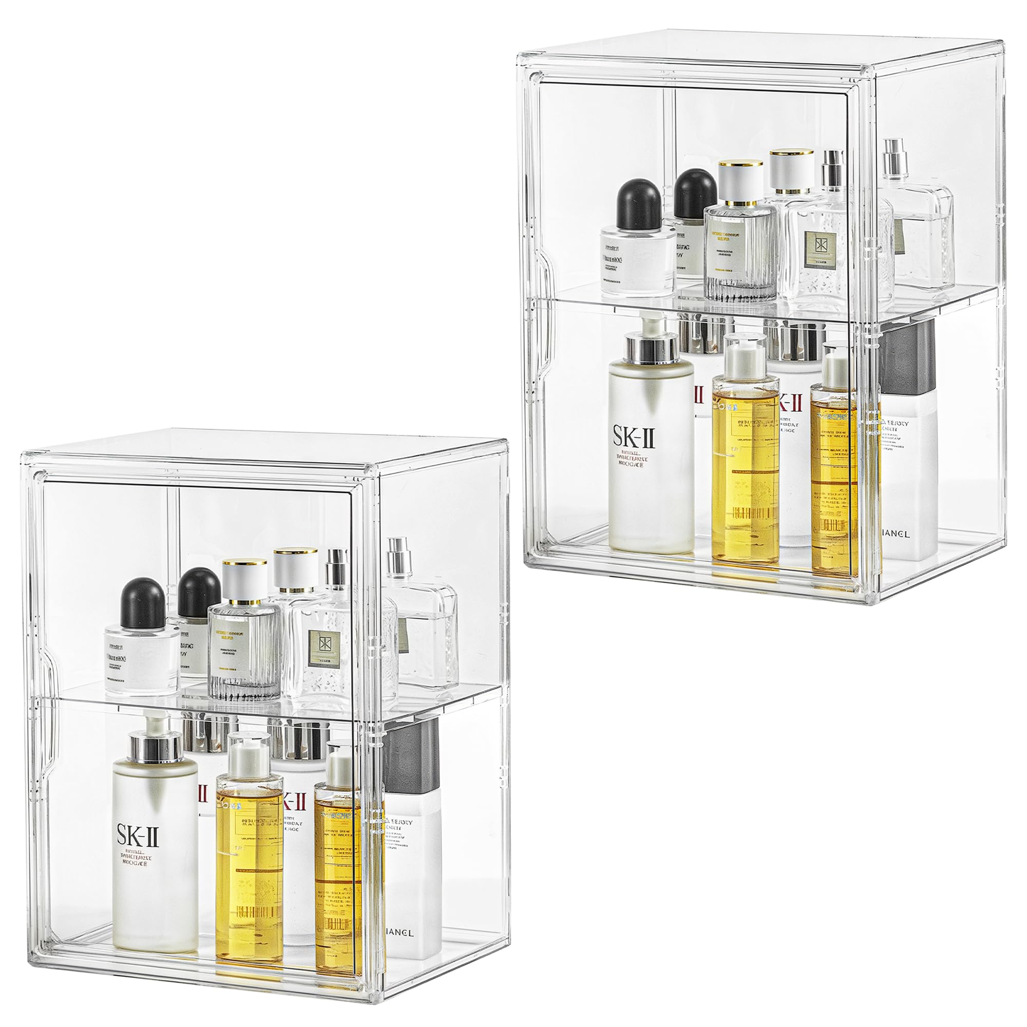 Acrylic Makeup Organizer,Stackable Storage Bins with Adjustable Divider for Vanity, Bathroom Organizers and Storage with Magnetic Door,Plastic Vanity Organizer for Pantry, Desk, Kitchen 2 Pack