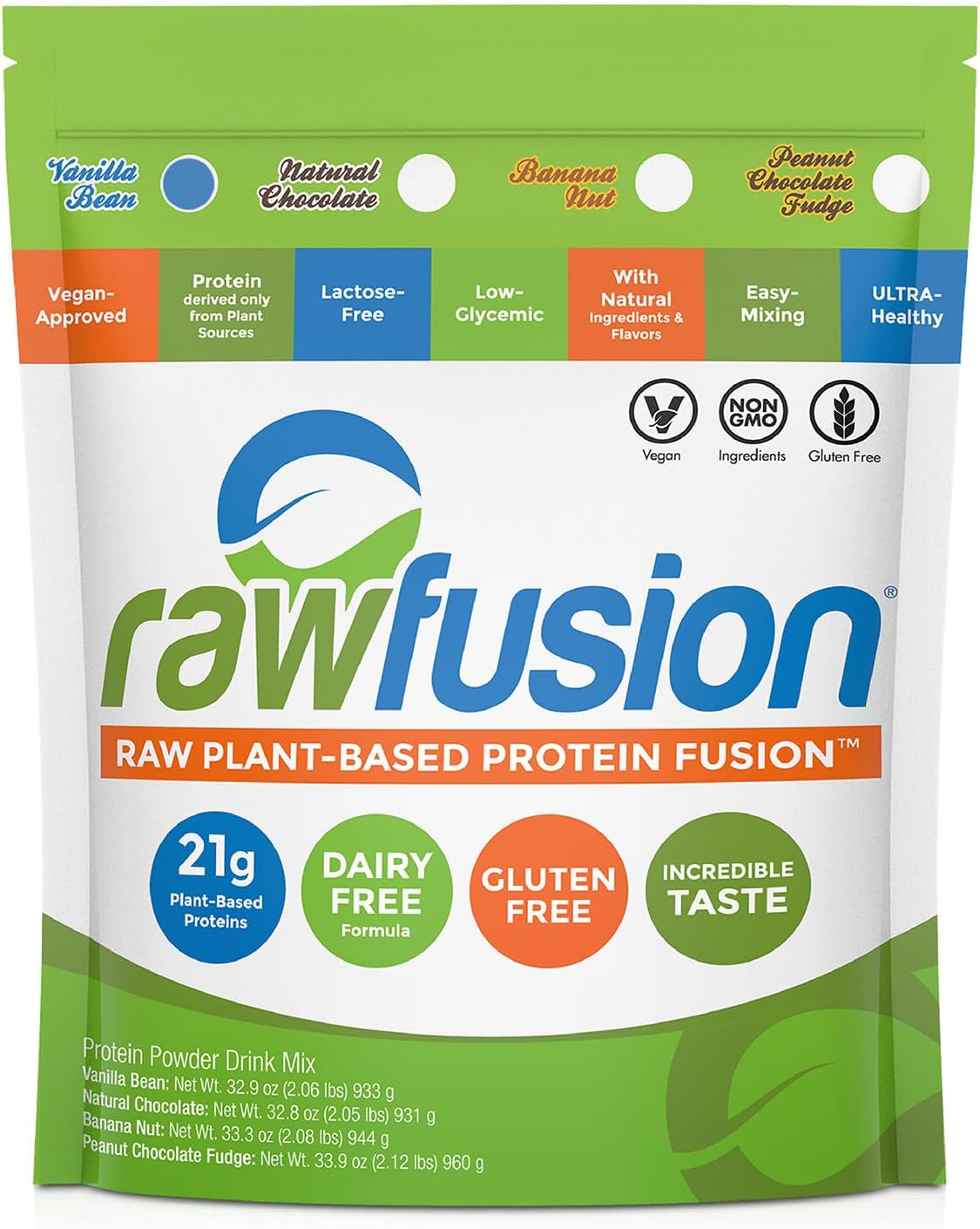 Rawfusion Vegan Protein Powder, Vanilla Bean โ 30 Servings, 21g Plant-Based Protein, Low Net Carbs, Non-Dairy, Gluten-Free, Soy-Free, Kosher, Non-GMO, 2.06lbs