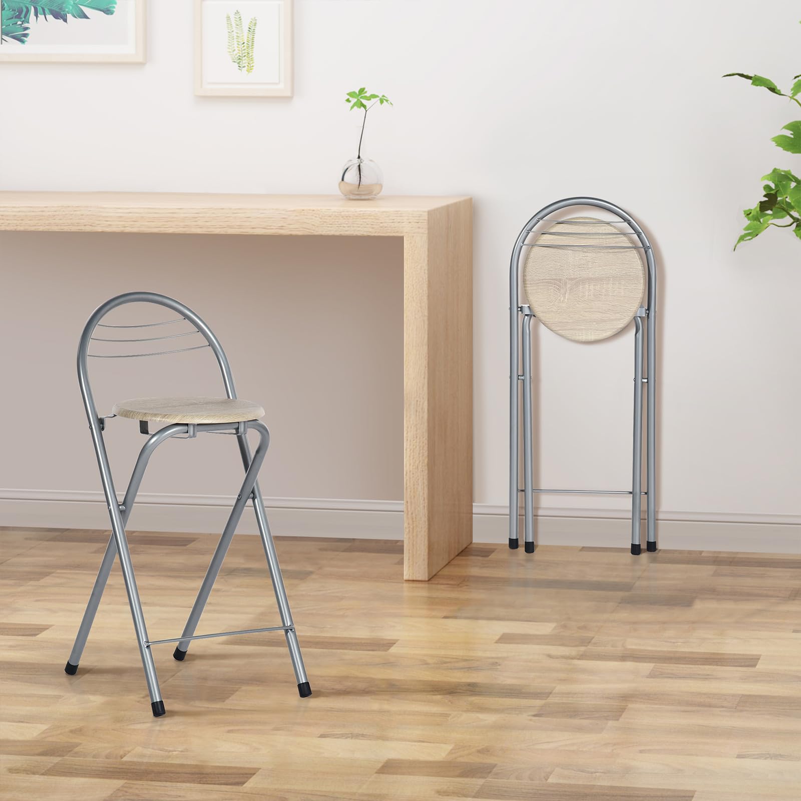 Tabouret de Bar Pliant, Tabouret Pliant Portable Chaise de Bar Pliante avec Dossier Tabouret Pliable pour Bistro Cuisine Terrasse Extérieure, Hauteur d'assise 61 cm, Chêne et Argent