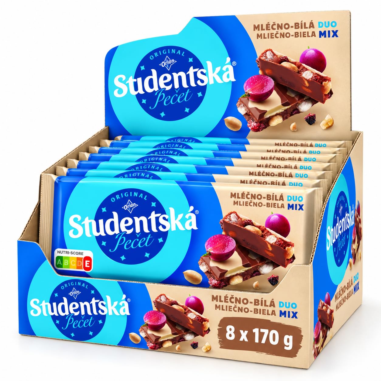 Orion Studentská pečeť, cioccolato al latte e bianco con arachidi, uvetta e gelatine, 8 × 170 g