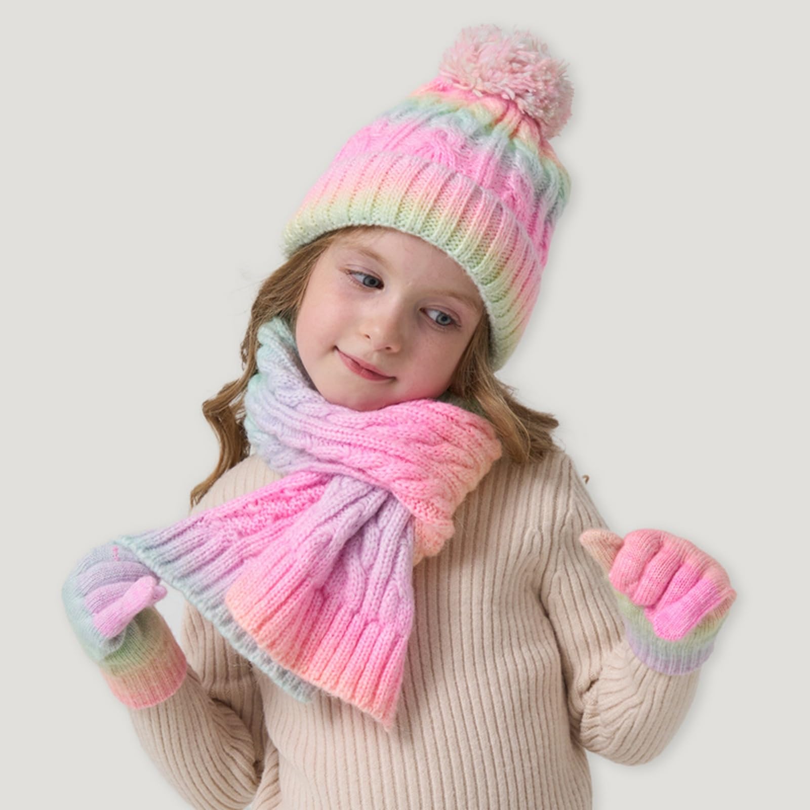 Kunyeah Set berretto, sciarpa e guanti per bambini Guanti lavorati a maglia Cappellino foderato in pile Scaldacollo per bambini e bambine dai 3 ai 10 anni