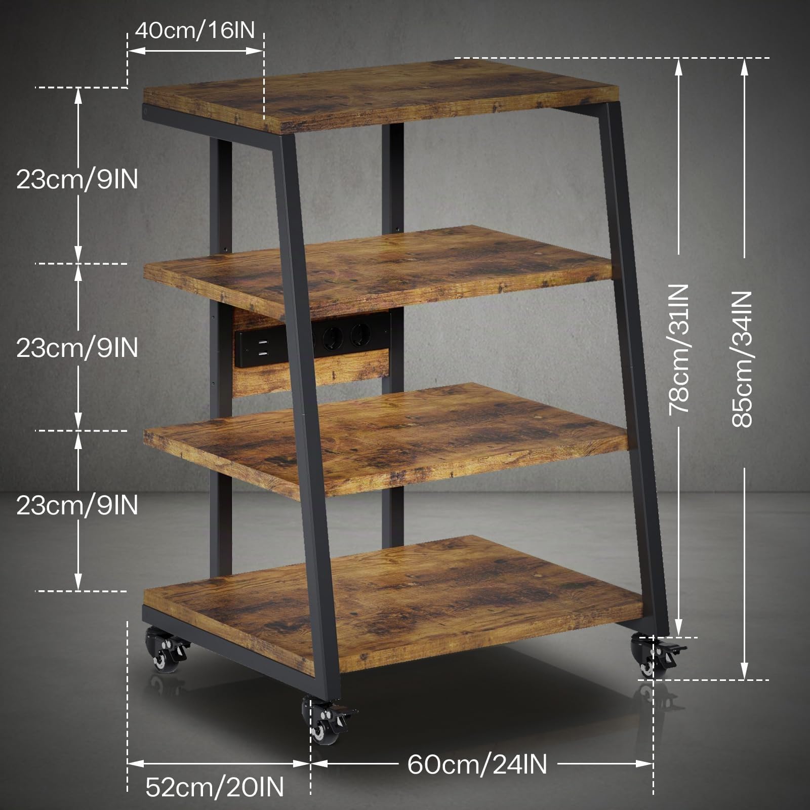 Mobile HiFi 4-level | Con prese multiple e ripiano regolabile | 4 ruote girevoli e 2 luci LED (app controllo) | 60x51x85cm Mobile Giradischi in legno e acciaio per impianto audio, impianto stereo