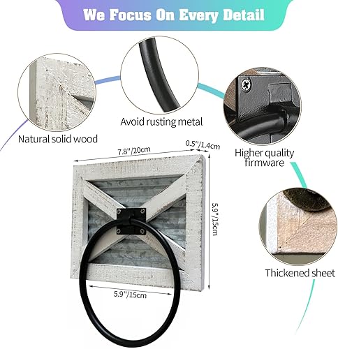 Miniatura 5 de Portarrollos de papel higiénico rústico y anillo de toalla con metal galvanizado y metal negro, soporte de pared de madera blanca envejecida rústica