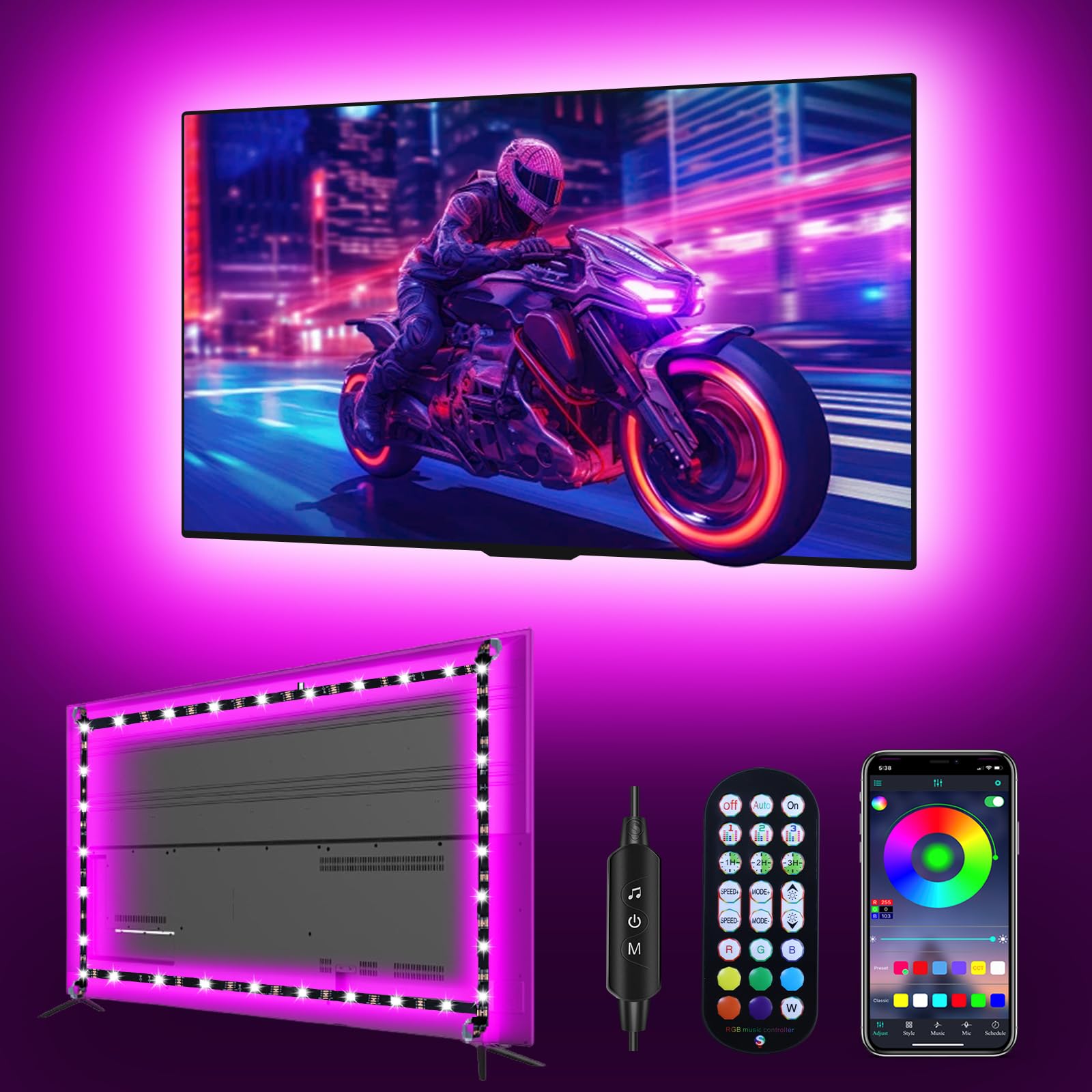 YALGCN TV Led Lights for TV, 5M Led Backlight USB TV Light Strip for 45-75 inch Monitor Behind Lighting RGB Color Changing Lights with Remote Music Sync Bluetooth APP Control