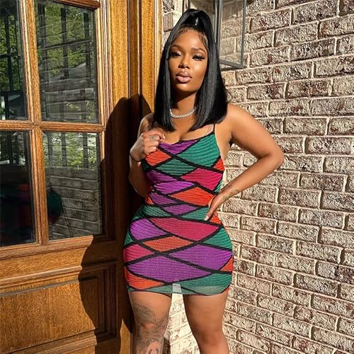 Vssjavun Women's Sexy Spaghetti Strap Bodycon Dress Deep V Neck See Through Sleeveless Mini Club Party Dresses Colorful M #TOP1