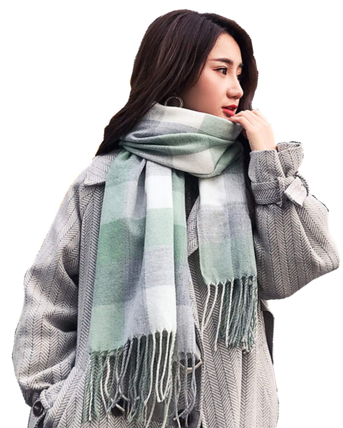 Mocasor Women's 11 Green Grey White Plaid Blanket Scarves For Fashion Winter Warm Tartan Oversized Long Checked Shawls And Wraps (Green Grey White)