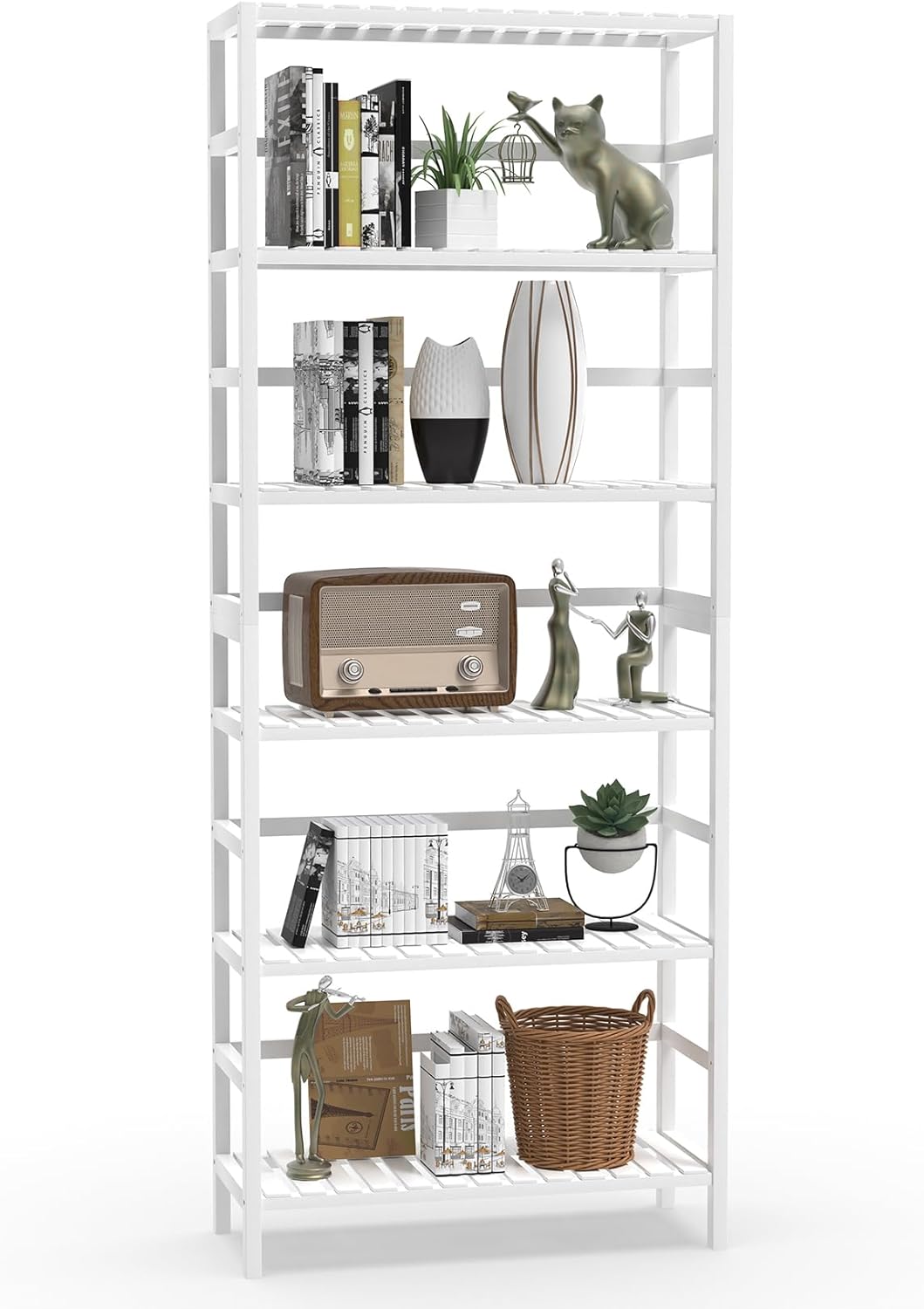 VASMIA Bookshelf,6 Tier Bamboo Adjustable Bookshelves,Tall Bookcase Shelf Storage Organizer,Free Standing Storage Shelving Unit for Living Room,Bedroom,Bathrrom and Home Office,White