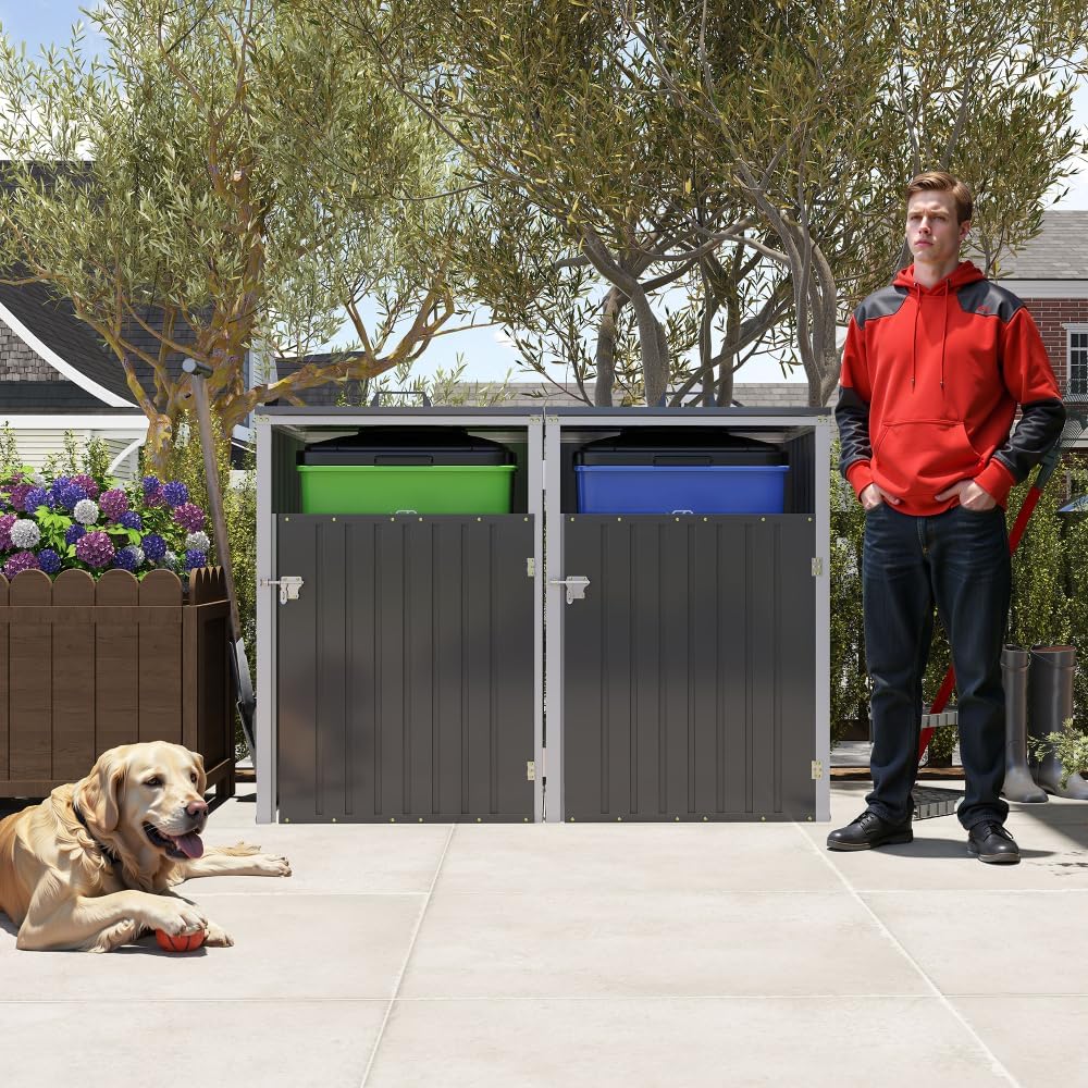 Outdoor Trash Can Storage Shed for Garbage Bins, 54 Cubic Feet with Galvanized Steel Construction, Grey, for Garden, Yard, and Lawn