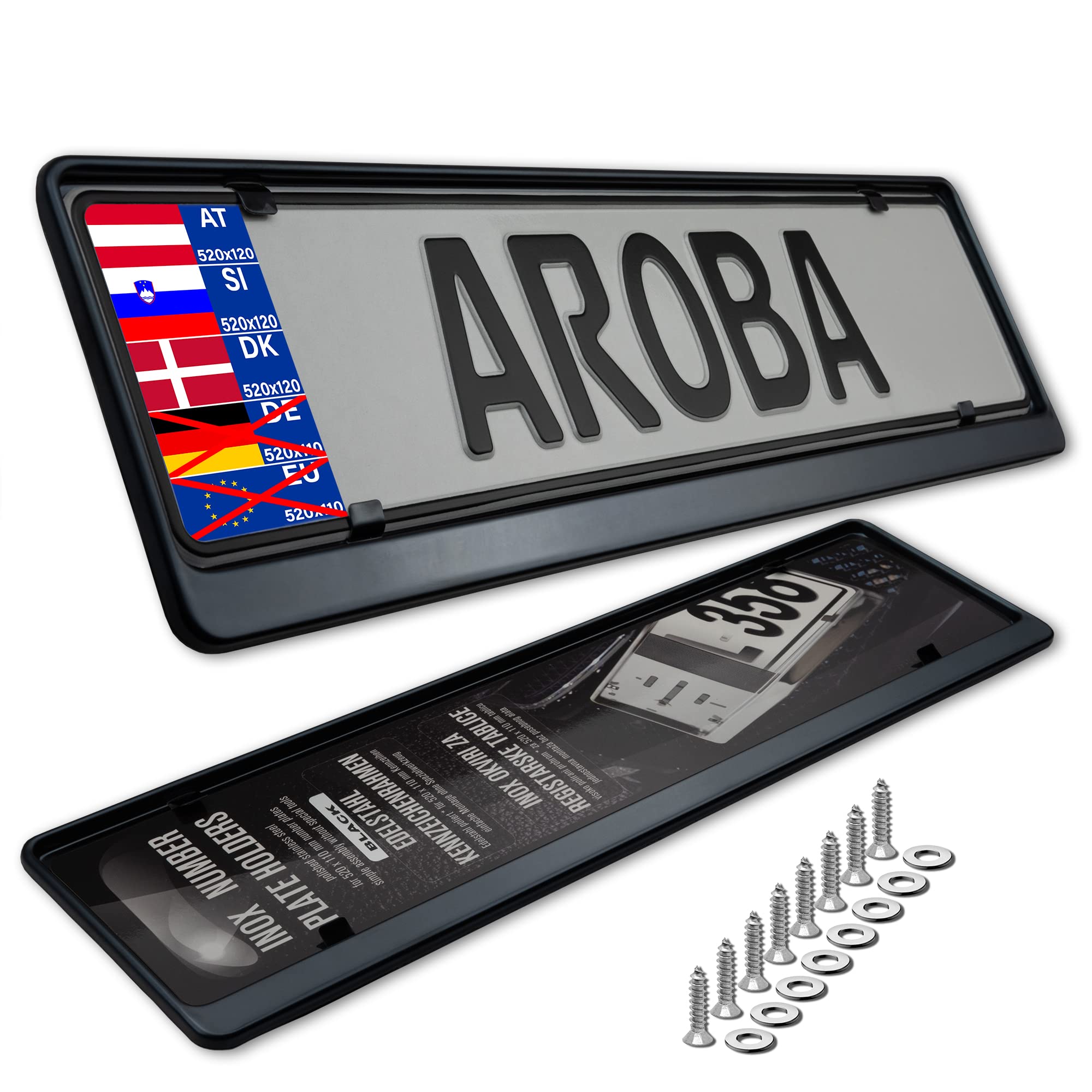 2 x uchwyt tablicy rejestracyjnej premium, 100% stal nierdzewna, czarna, polerowana (Black Chrome), do Austrii Słowacji (wymiary 520 mm x 120 mm) ramka tablicy rejestracyjnej INOX V2A