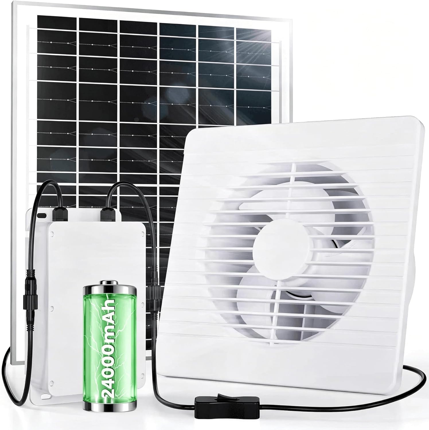 Solar Fan for Chicken Coop with Battery and Timer, 25W 24000 mAh Solar Powered Exhaust Fan for Greenhouse, Outdoor, Shed, Vent, Doghouses, Windows, RV, High Wind Speed, Rainproof